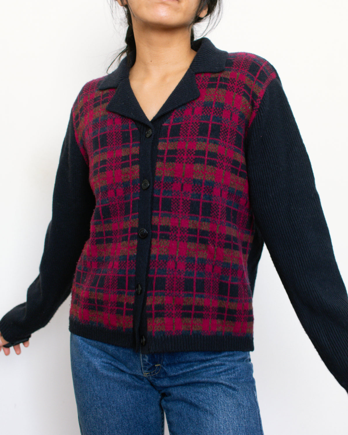 Vintage 80s Plaid Collared Cardigan | Size Medium