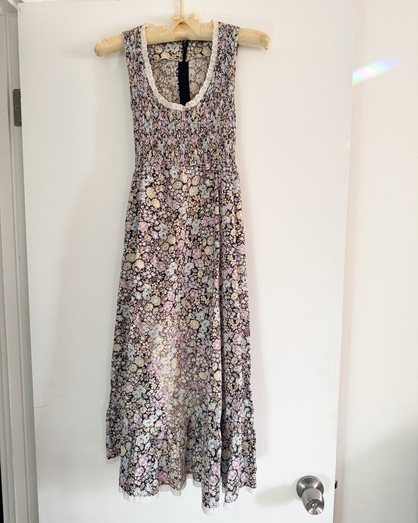 Vintage 70s Purple Floral Midi Dress | Size XS/S