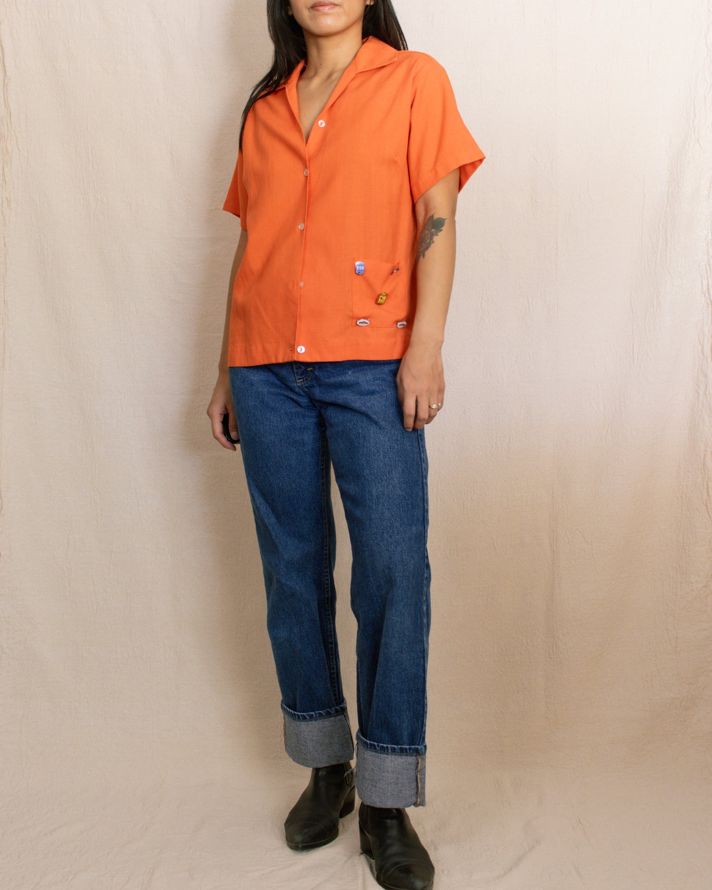 Vintage 50s Orange Bowling Shirt | Medium