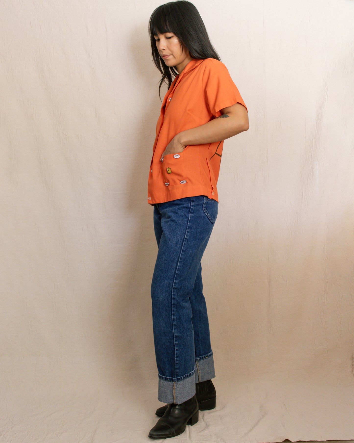 Vintage 50s Orange Bowling Shirt | Medium
