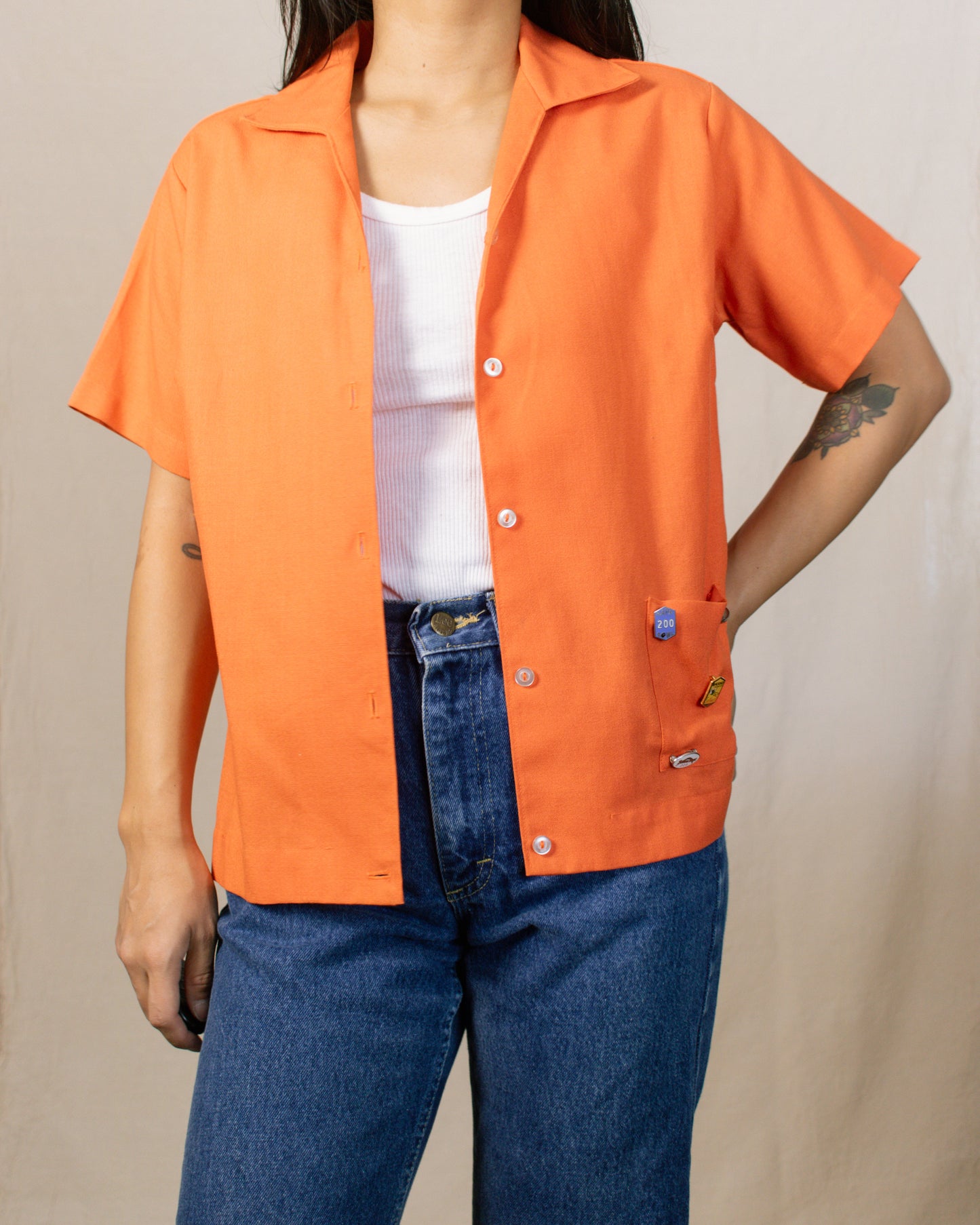 Vintage 50s Orange Bowling Shirt | Medium