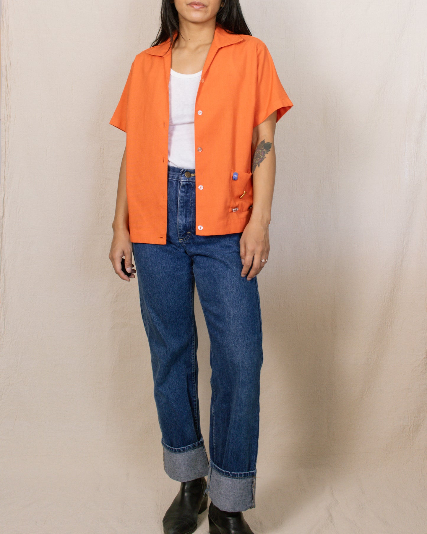 Vintage 50s Orange Bowling Shirt | Medium