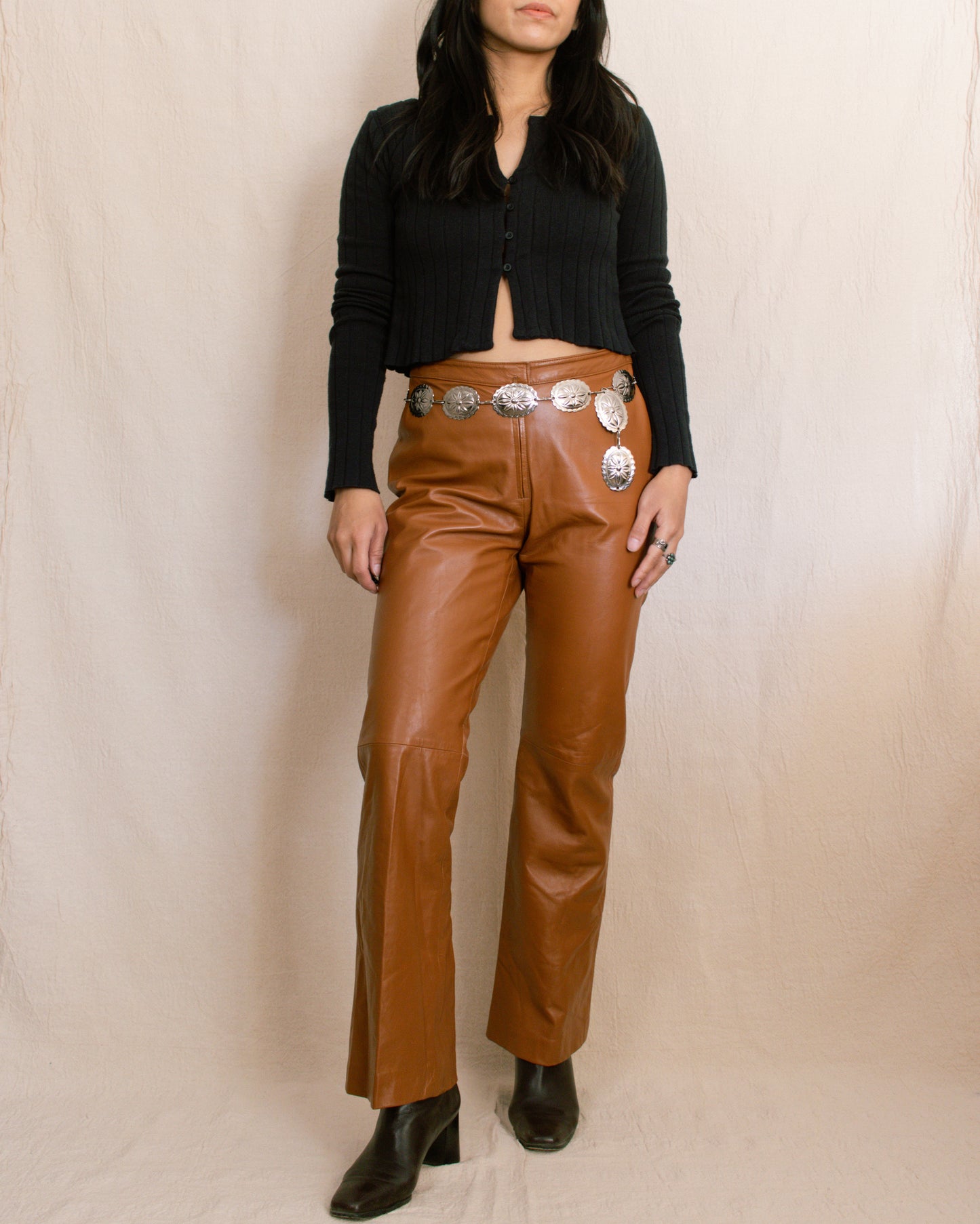 Vintage 90s Camel Leather Pants | 27"