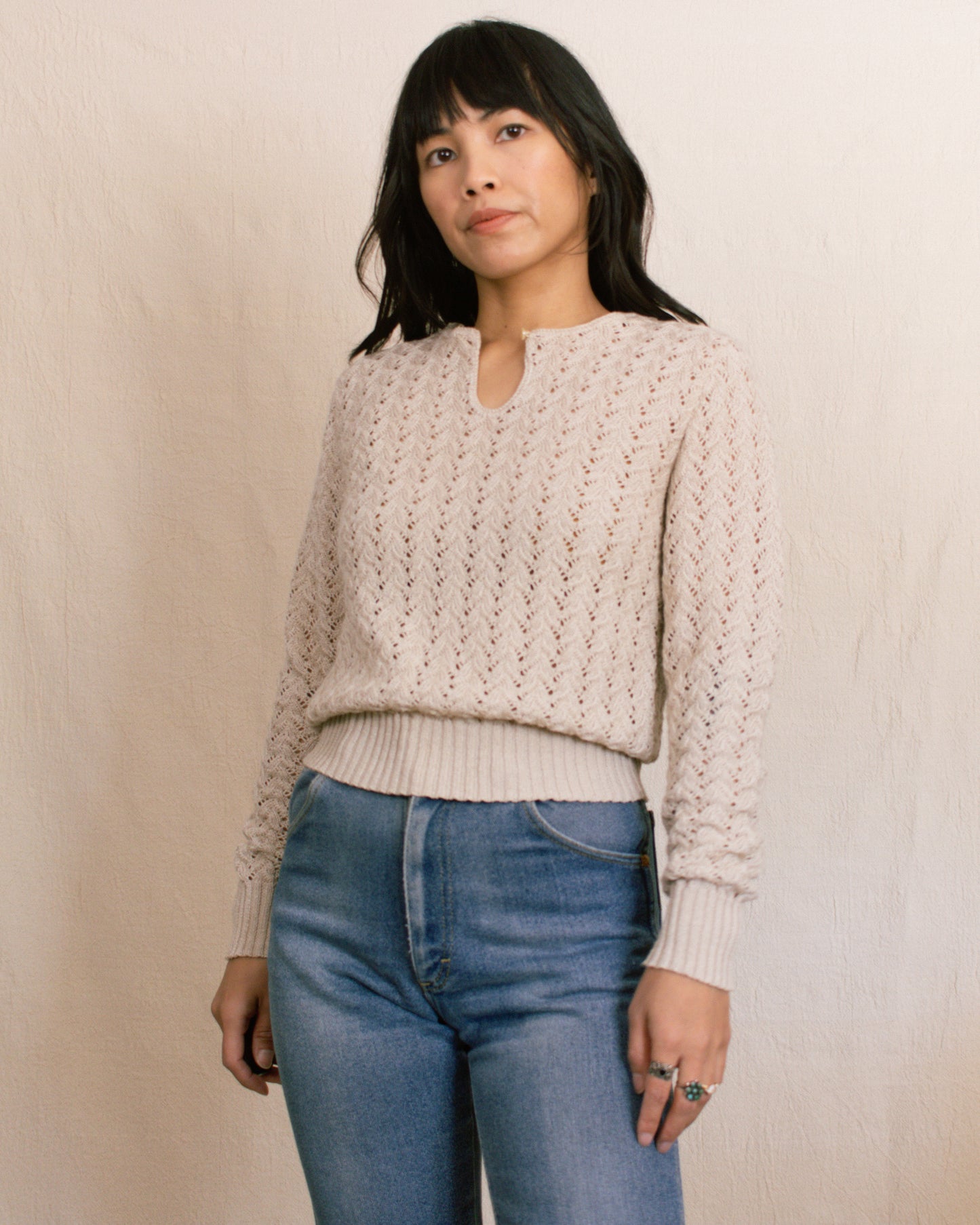 Vintage 70s Khaki Pointelle Sweater | Size Small