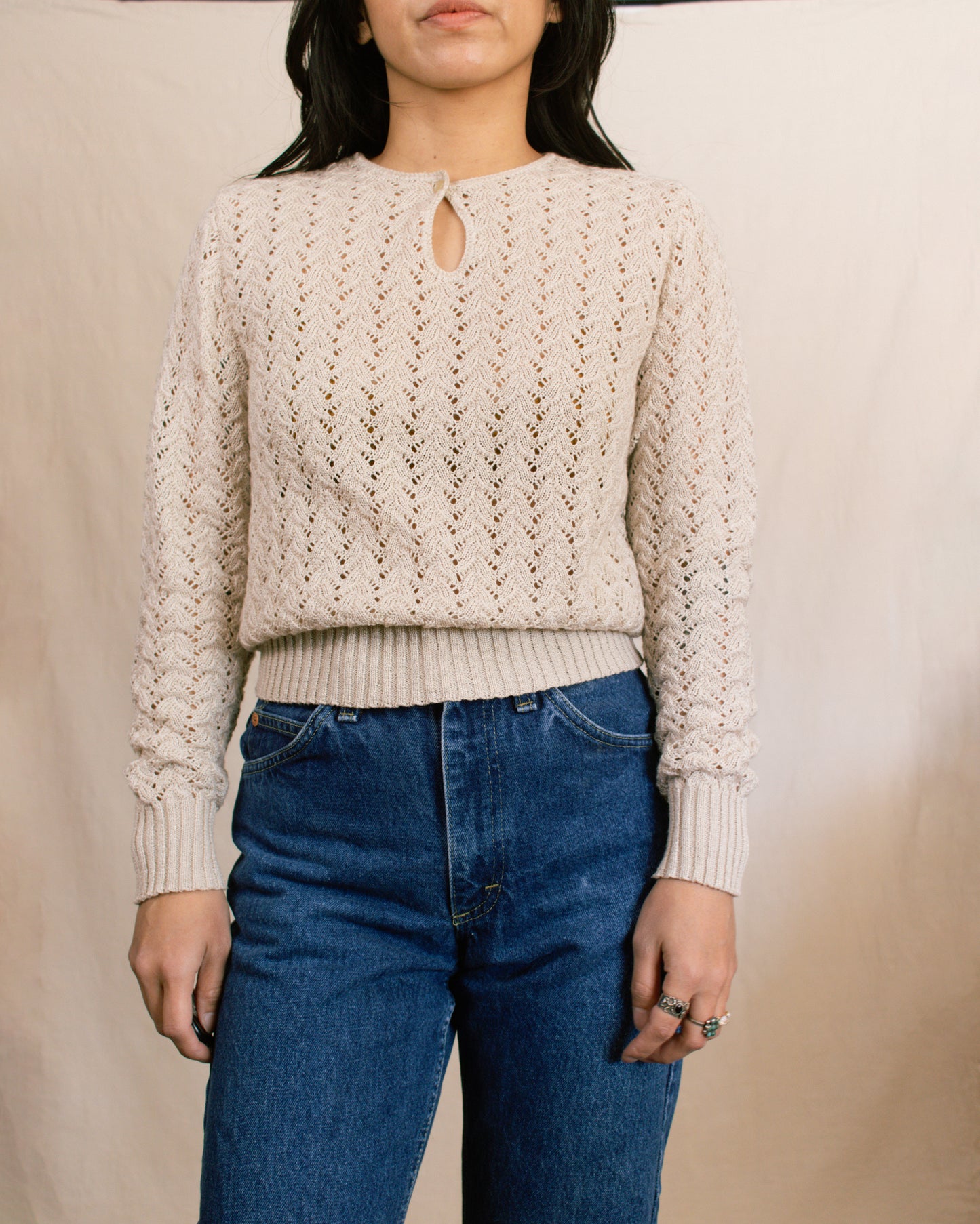 Vintage 70s Khaki Pointelle Sweater | Size Small
