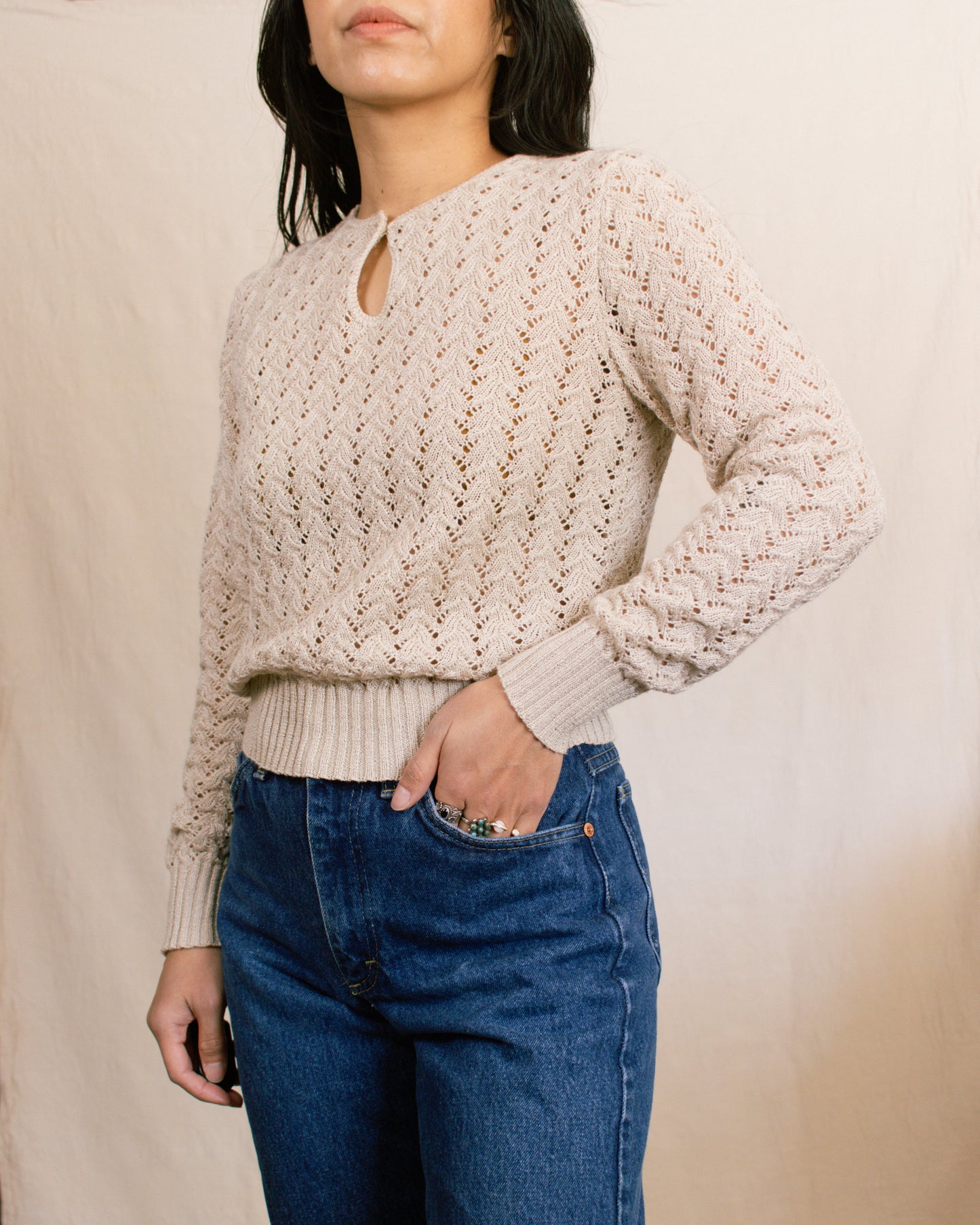 Vintage 70s Khaki Pointelle Sweater | Size Small