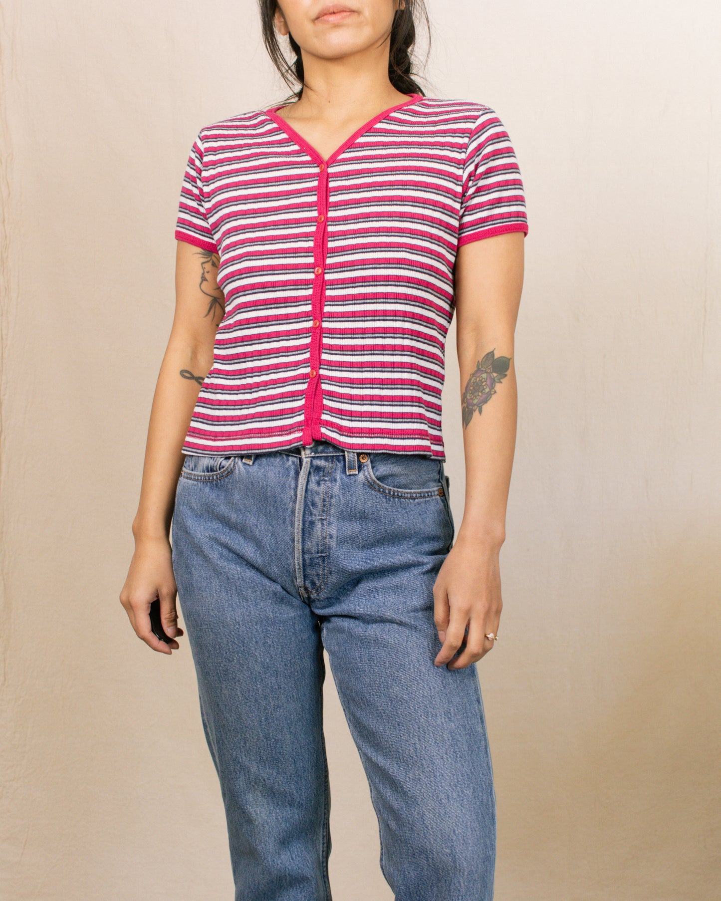 Vintage 80s Pink Striped Top | Size Small