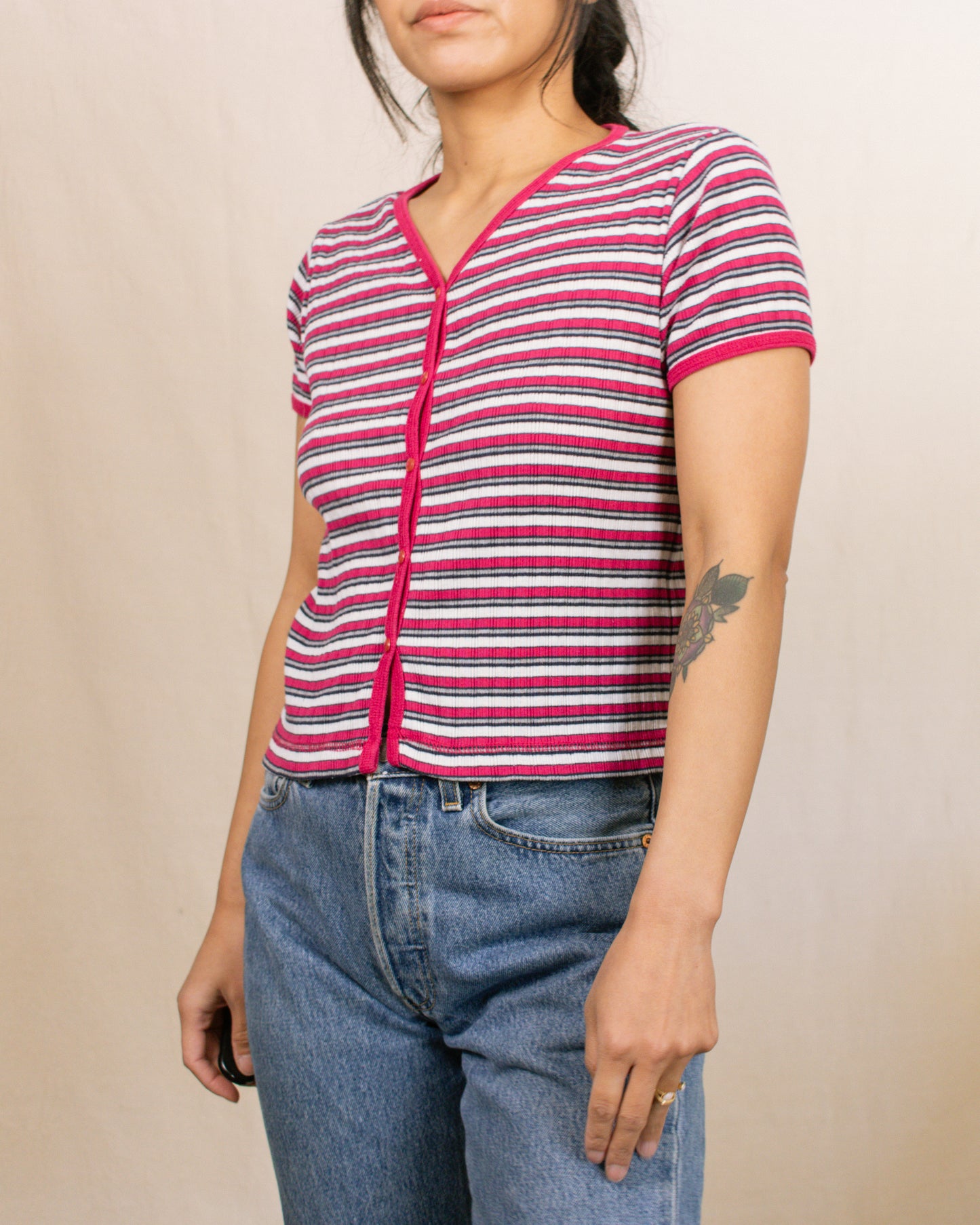 Vintage 80s Pink Striped Top | Size Small