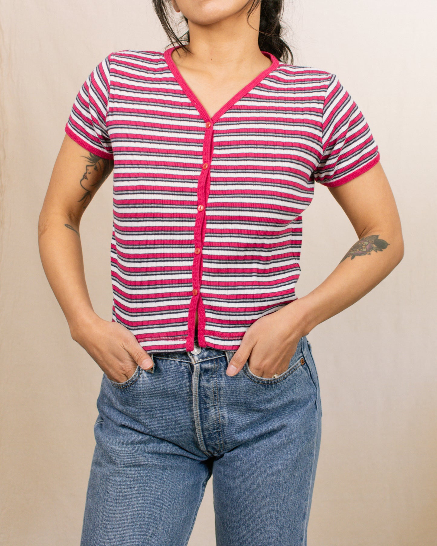 Vintage 80s Pink Striped Top | Size Small