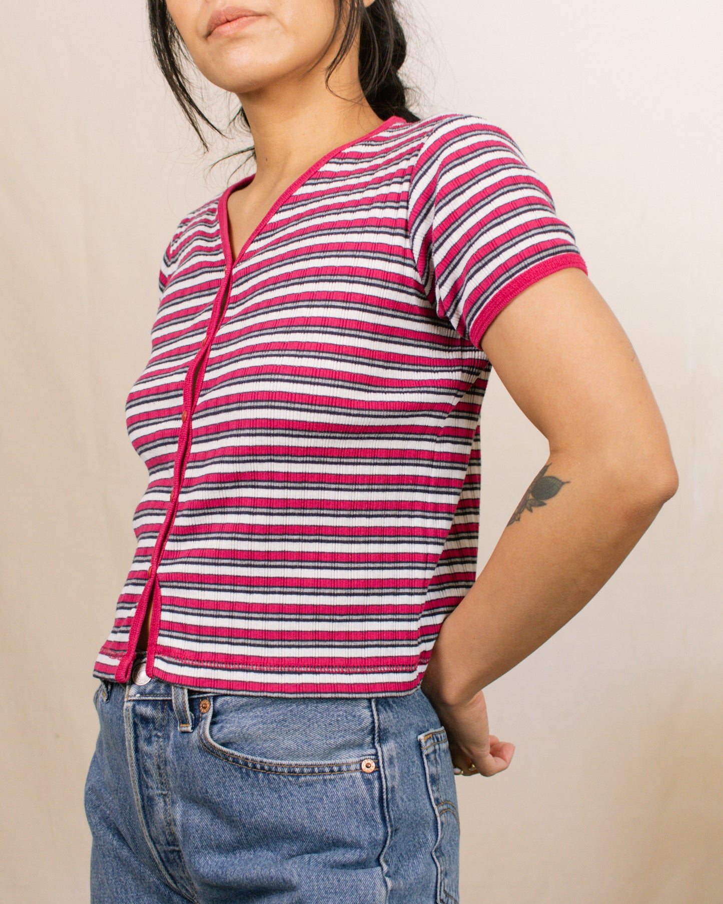 Vintage 80s Pink Striped Top | Size Small