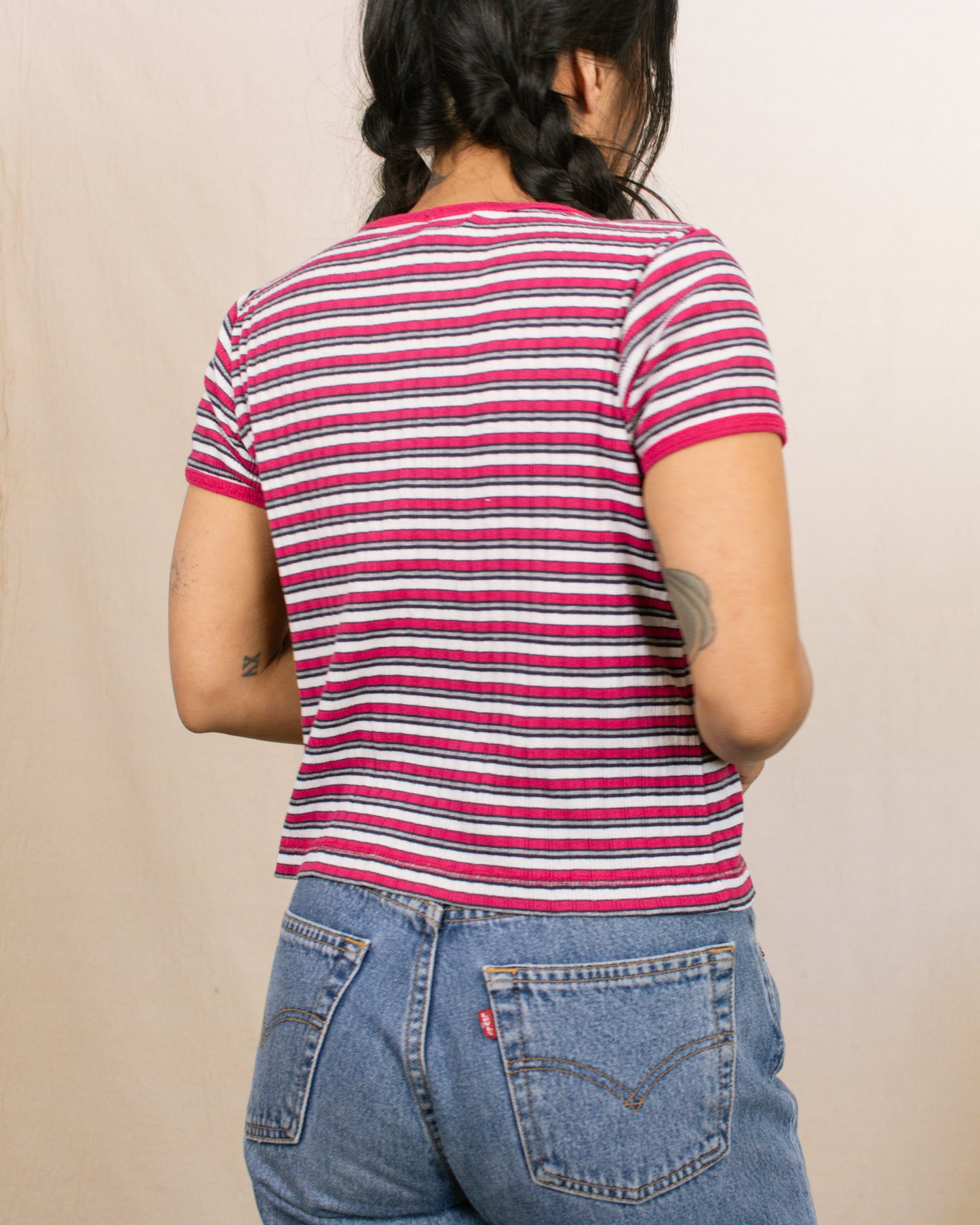 Vintage 80s Pink Striped Top | Size Small