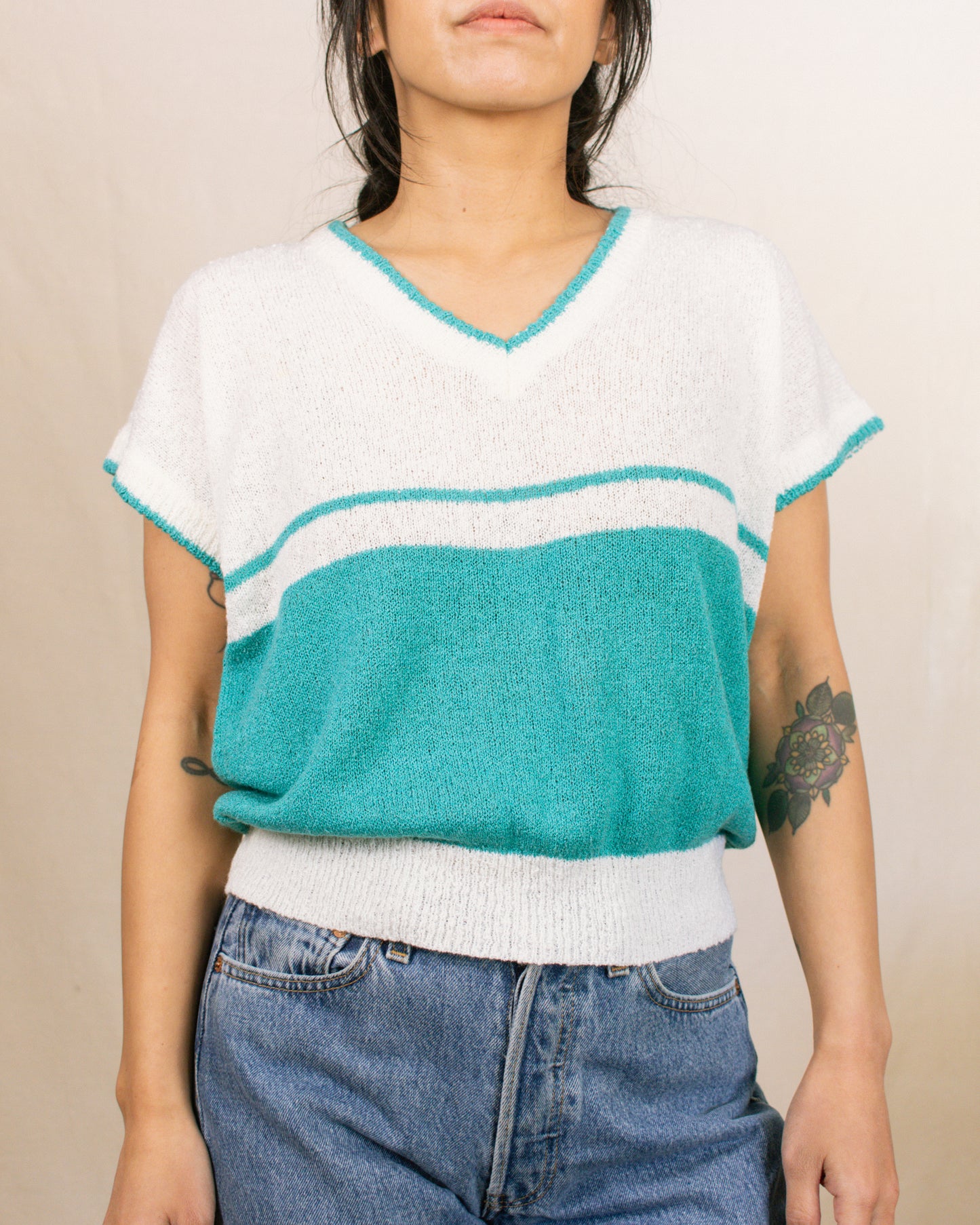 Vintage 80s Cream/Teal Sweater | Size Medium