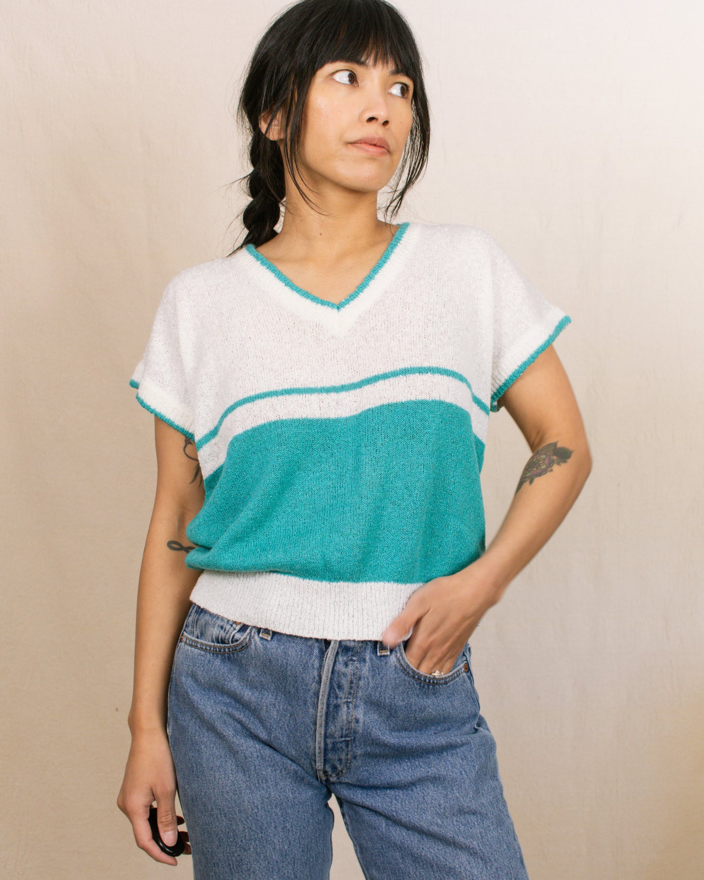 Vintage 80s Cream/Teal Sweater | Size Medium