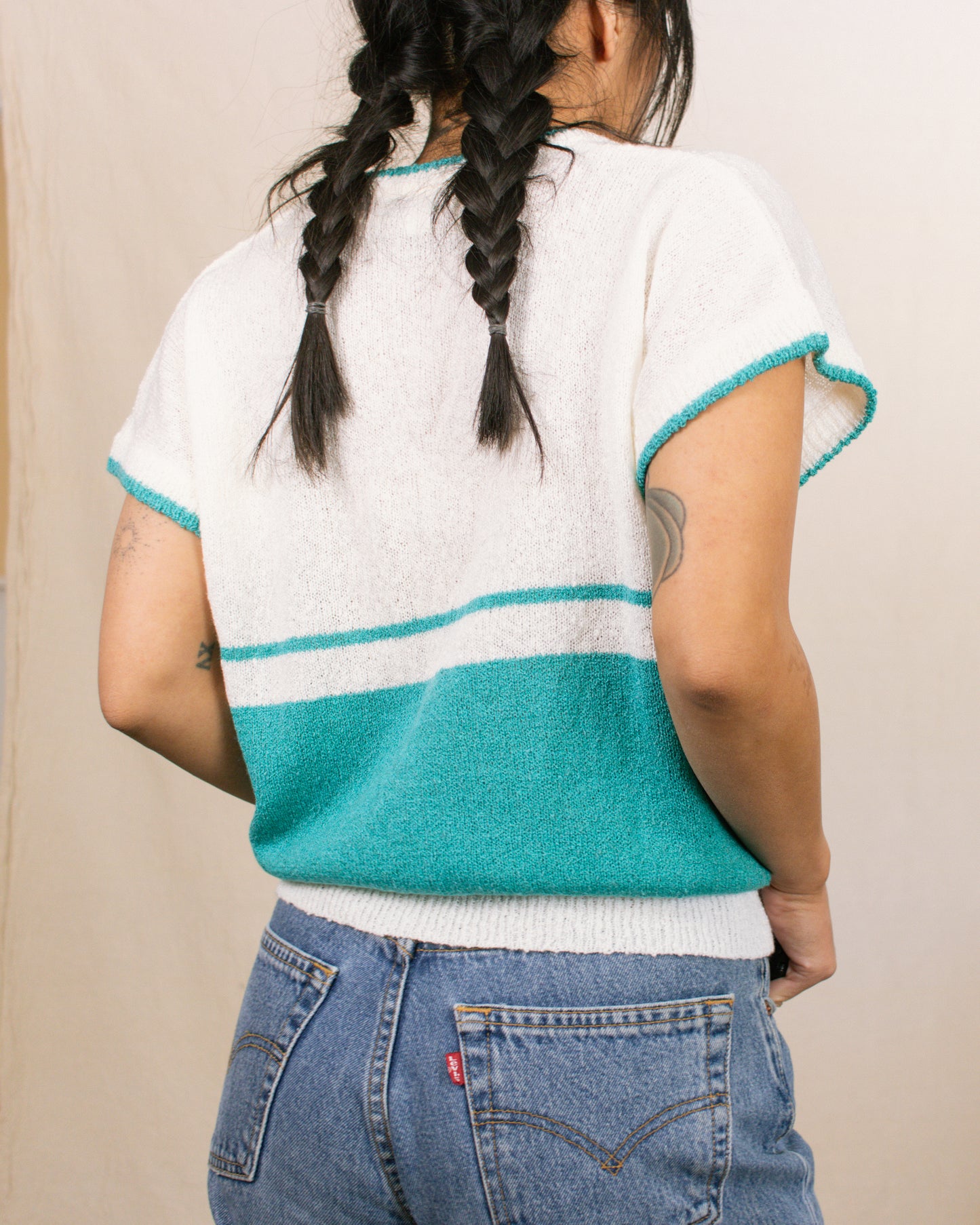 Vintage 80s Cream/Teal Sweater | Size Medium
