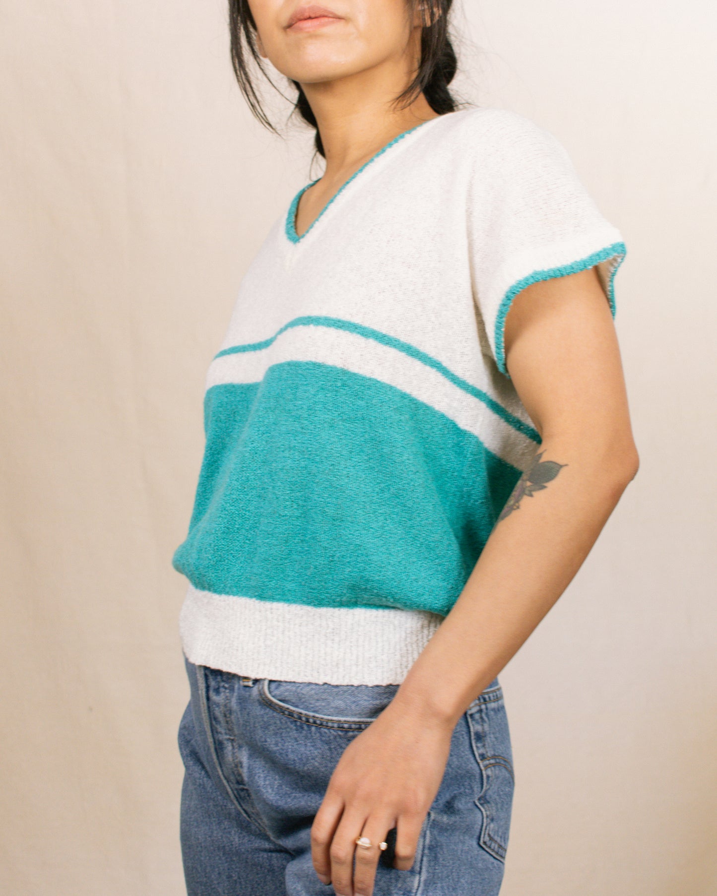 Vintage 80s Cream/Teal Sweater | Size Medium