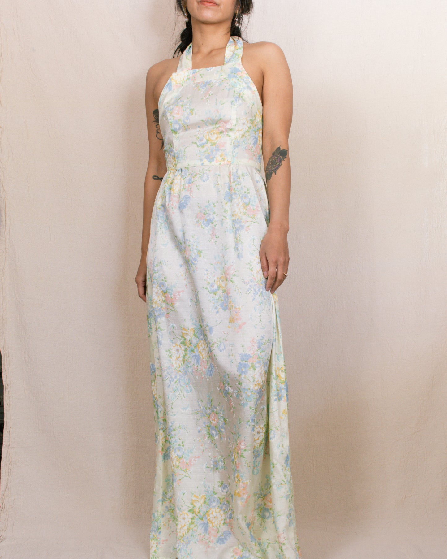 Vintage 70s Pale Yellow Floral Halter Dress | Size XS
