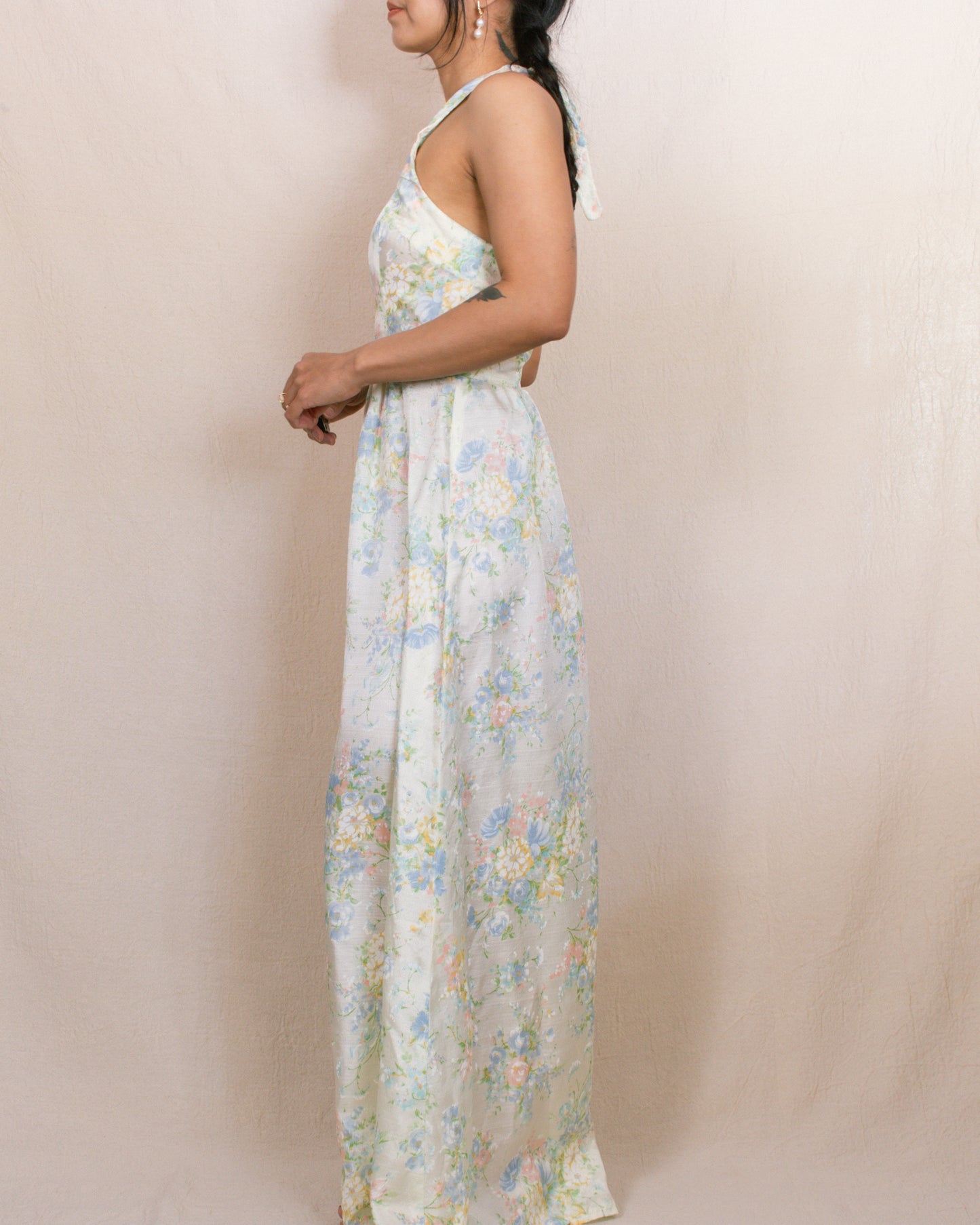 Vintage 70s Pale Yellow Floral Halter Dress | Size XS