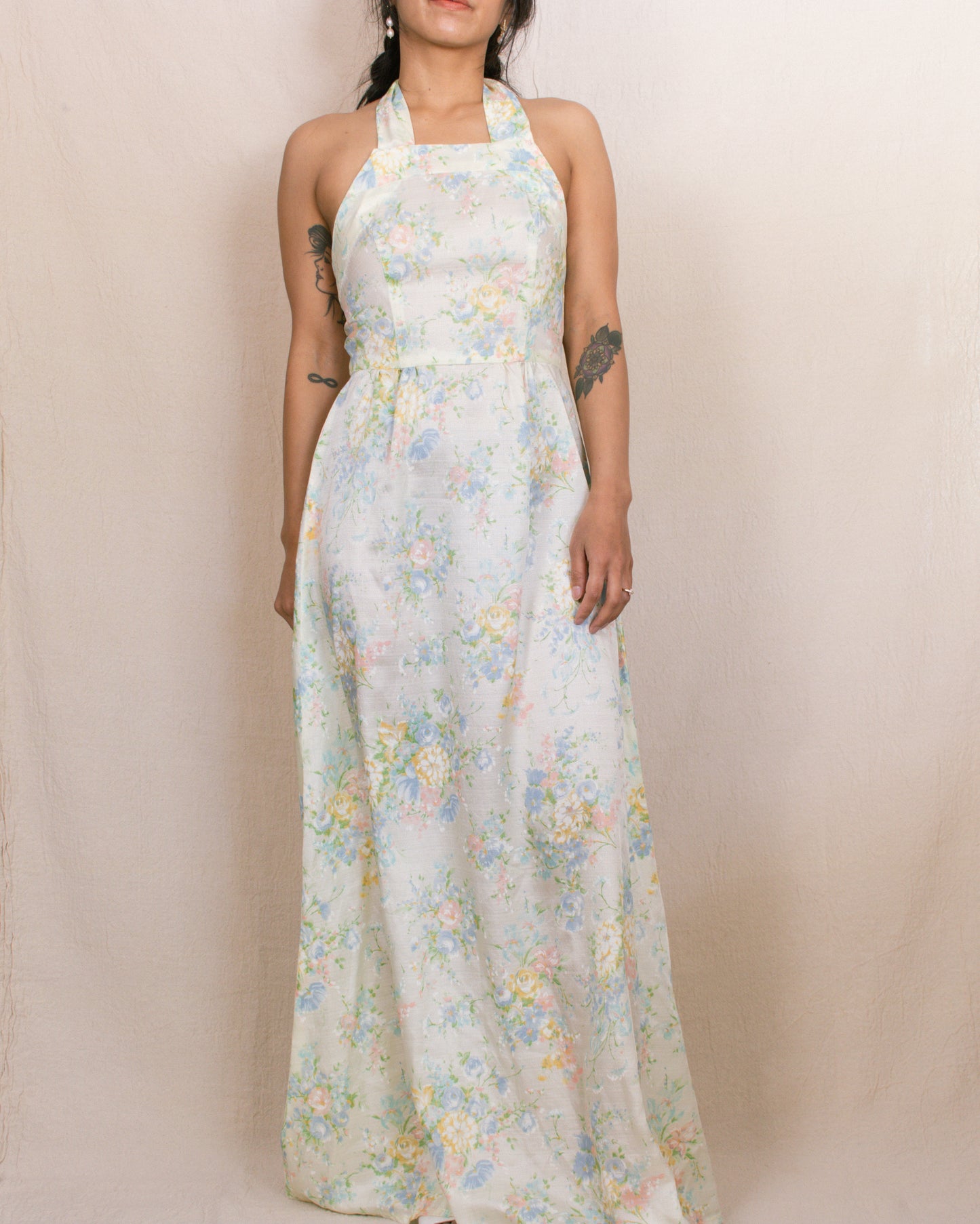 Vintage 70s Pale Yellow Floral Halter Dress | Size XS