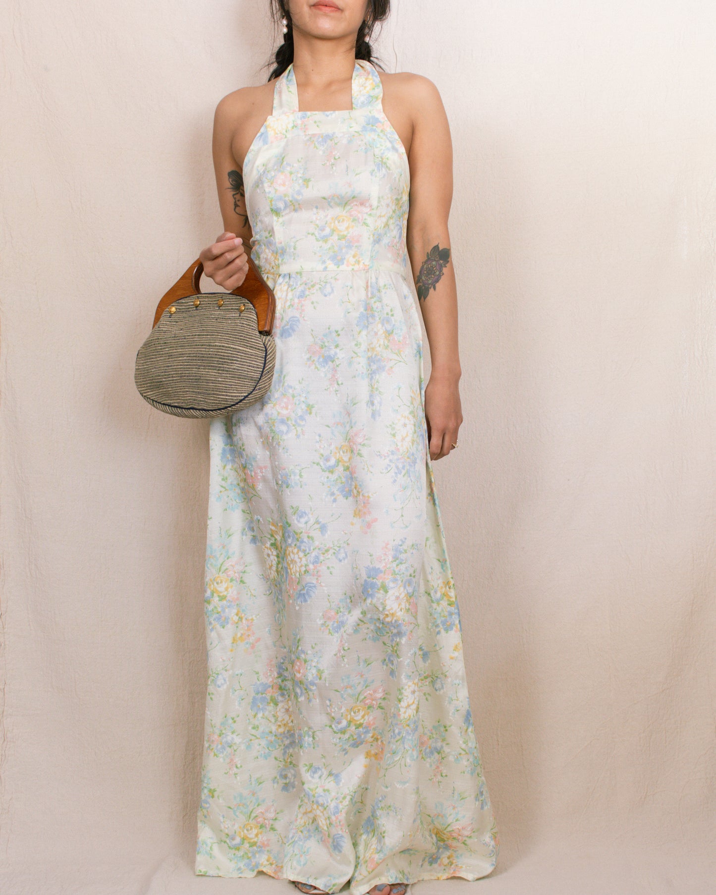 Vintage 70s Pale Yellow Floral Halter Dress | Size XS