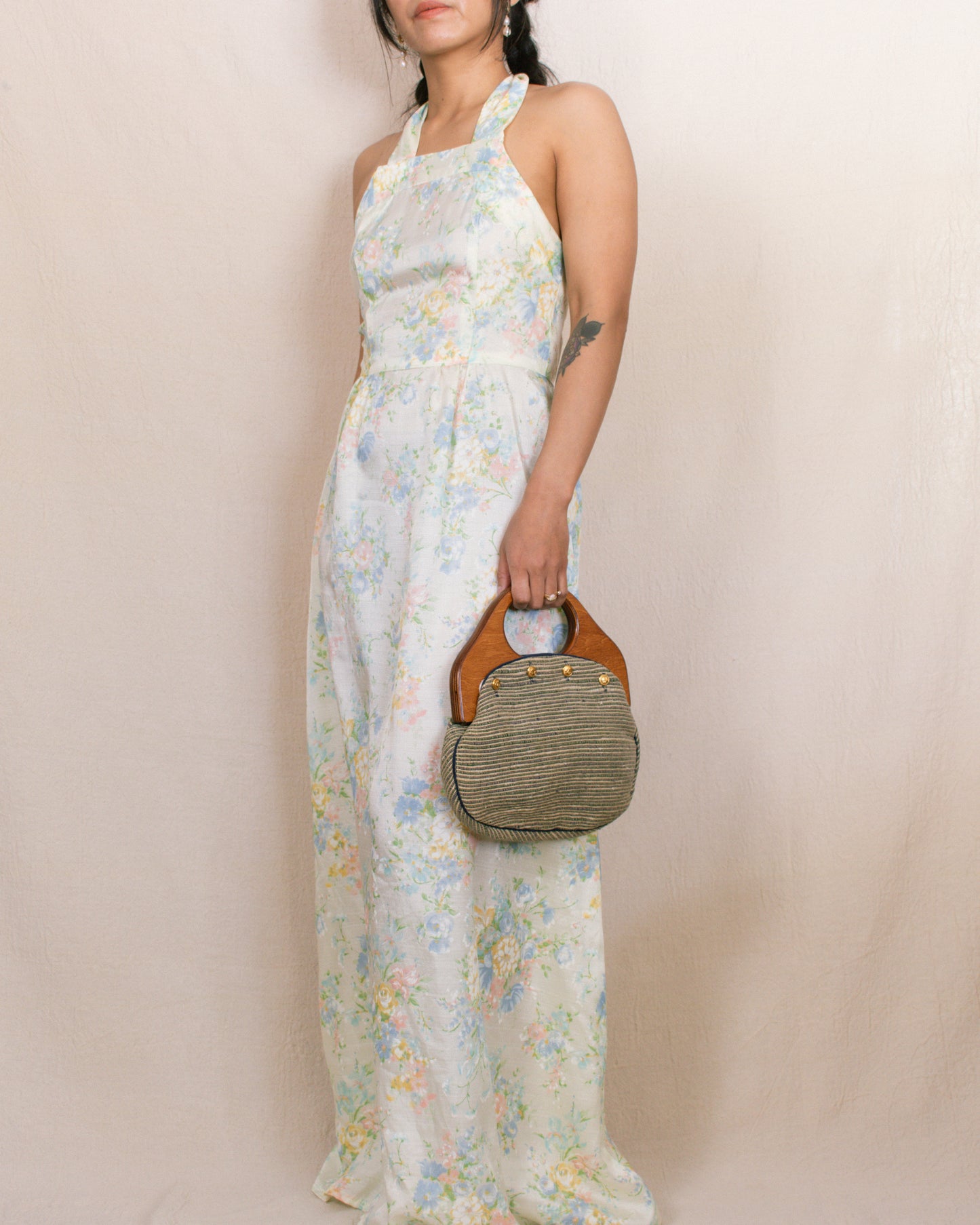 Vintage 70s Pale Yellow Floral Halter Dress | Size XS