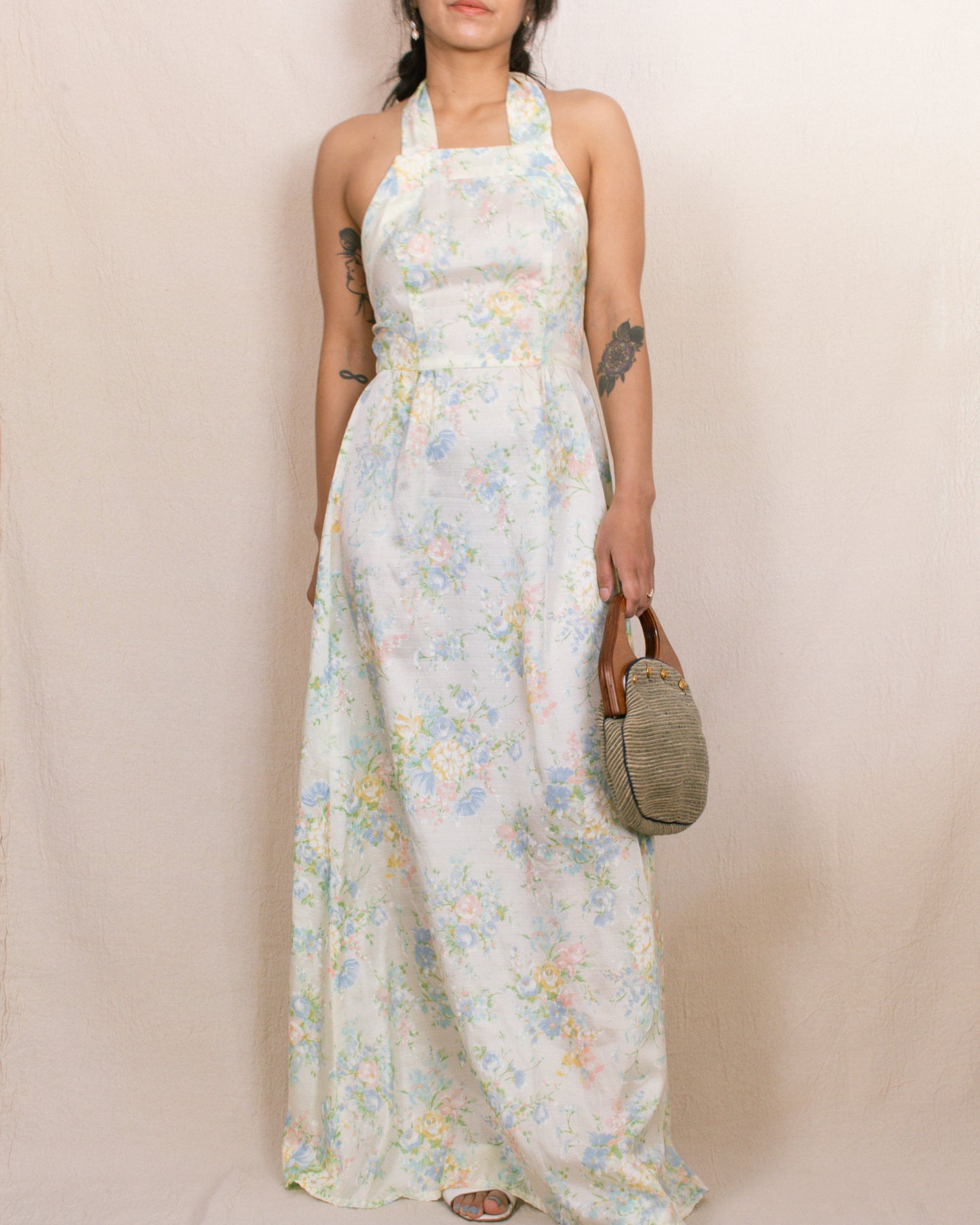 Vintage 70s Pale Yellow Floral Halter Dress | Size XS