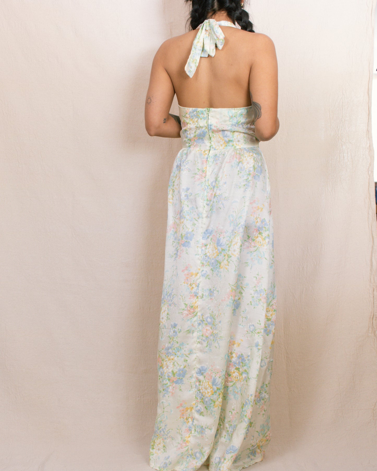 Vintage 70s Pale Yellow Floral Halter Dress | Size XS
