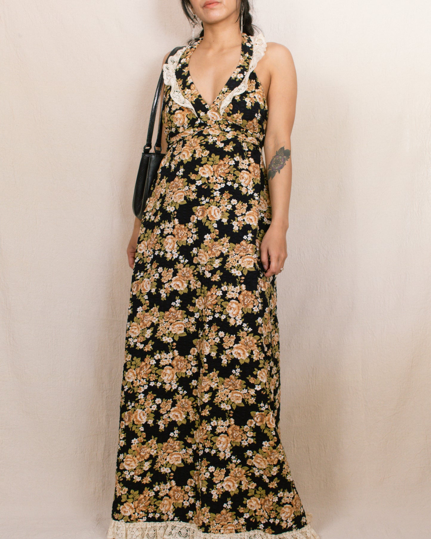 Vintage 70s Black Floral Halter Dress | Size Small-Medium