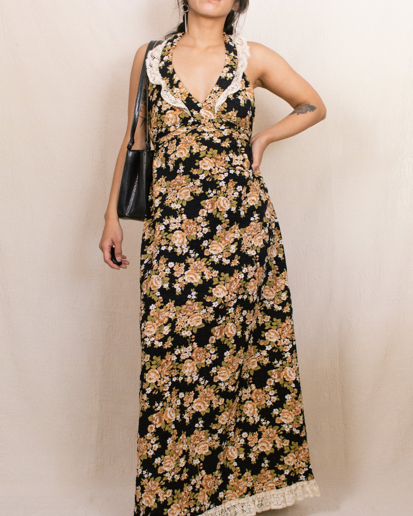 Vintage 70s Black Floral Halter Dress | Size Small-Medium