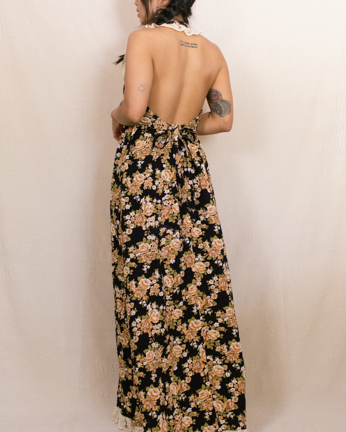 Vintage 70s Black Floral Halter Dress | Size Small-Medium