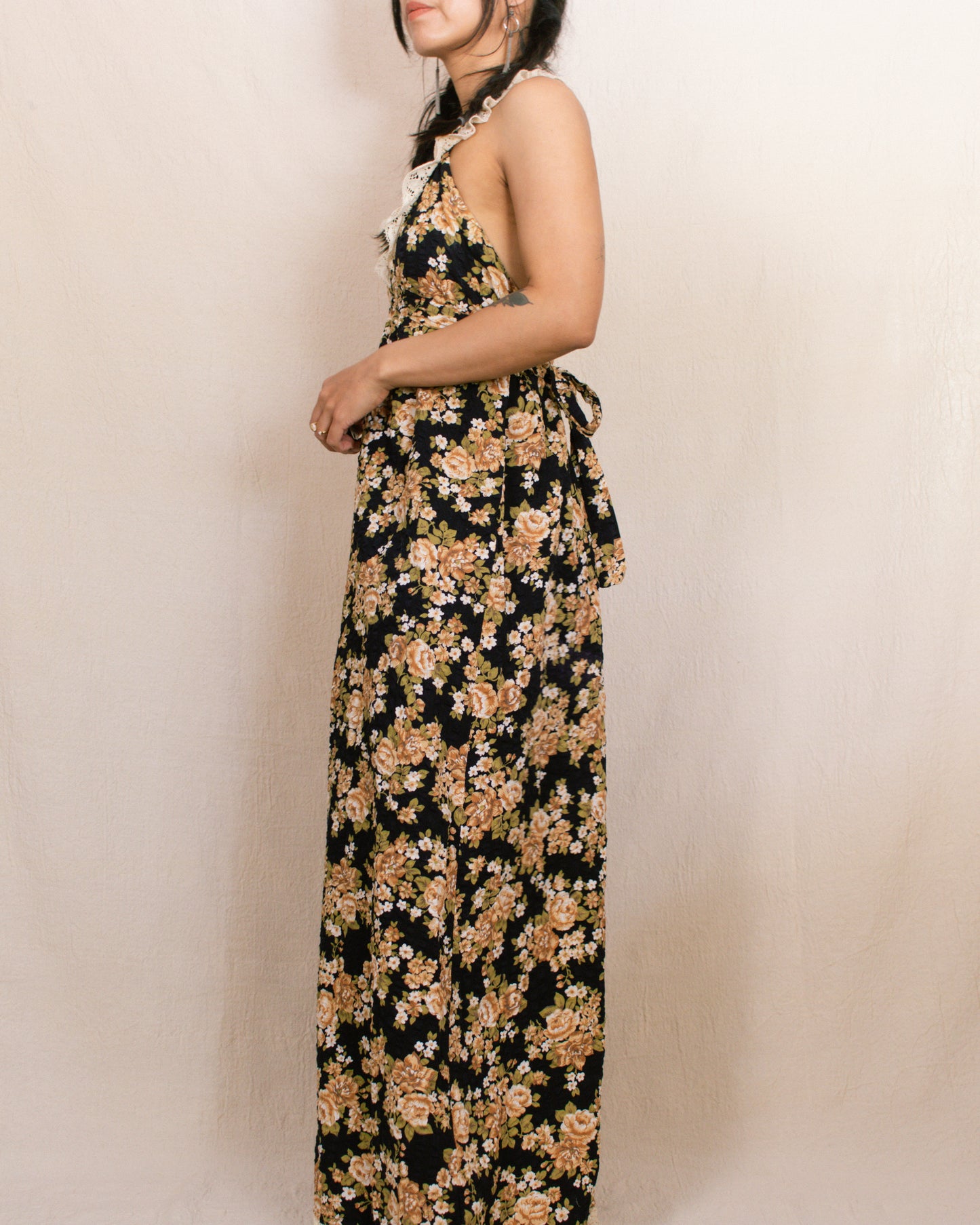 Vintage 70s Black Floral Halter Dress | Size Small-Medium