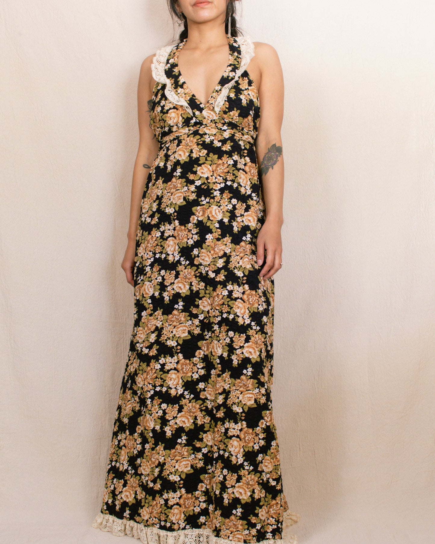 Vintage 70s Black Floral Halter Dress | Size Small-Medium