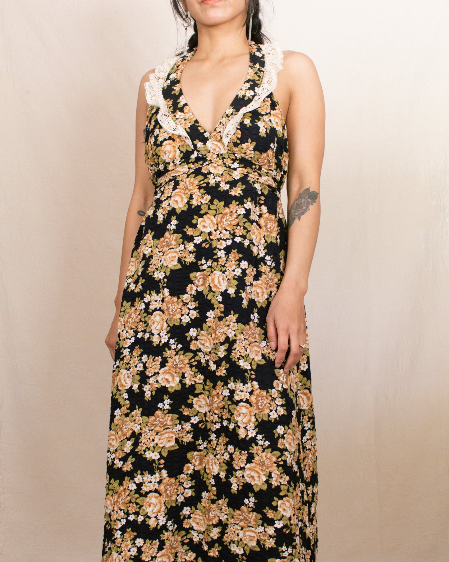 Vintage 70s Black Floral Halter Dress | Size Small-Medium