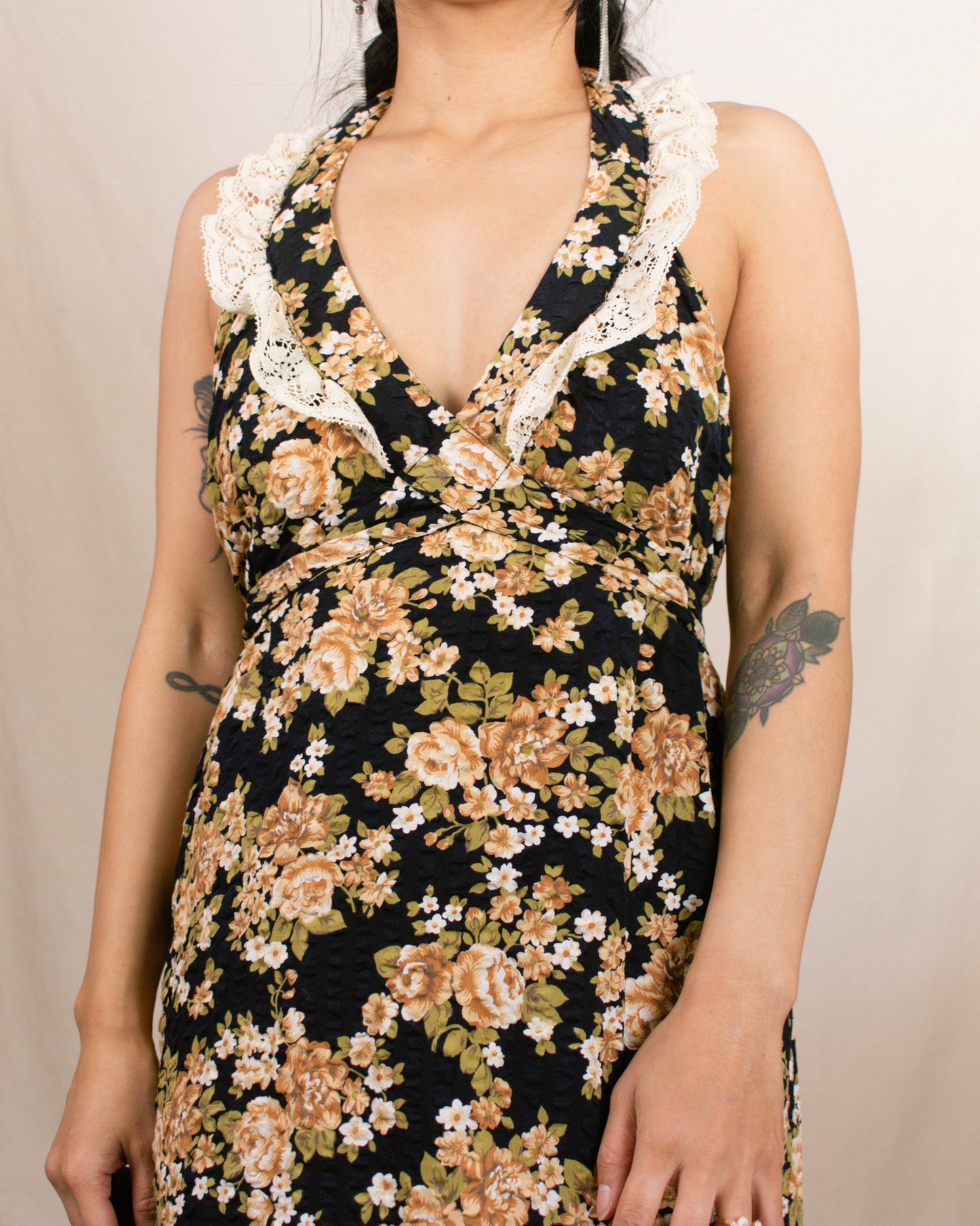 Vintage 70s Black Floral Halter Dress | Size Small-Medium