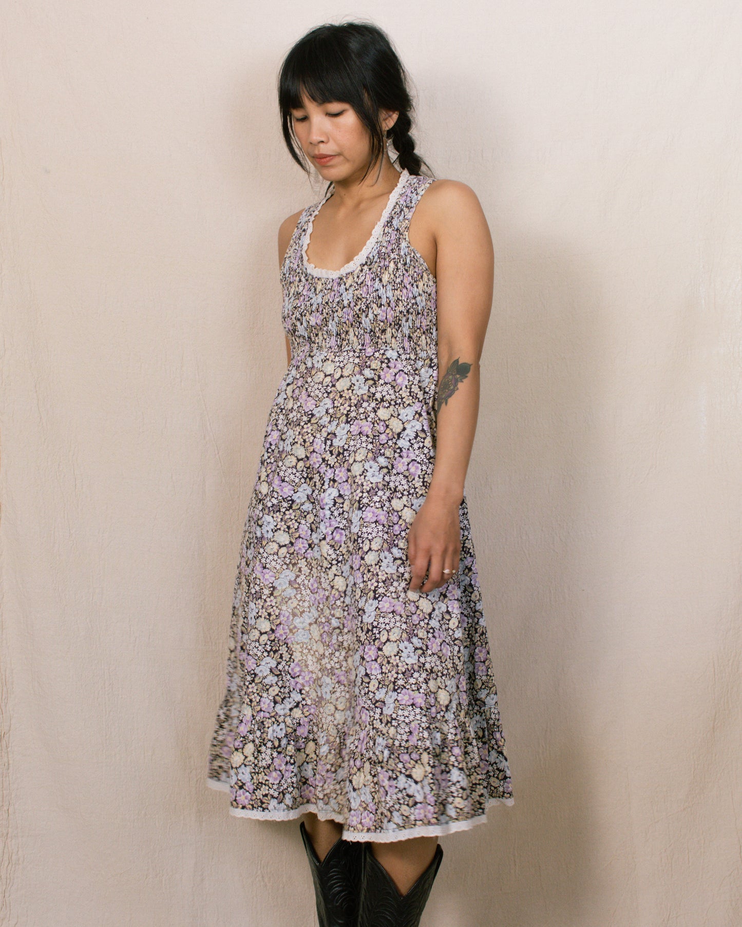 Vintage 70s Purple Floral Midi Dress | Size XS/S