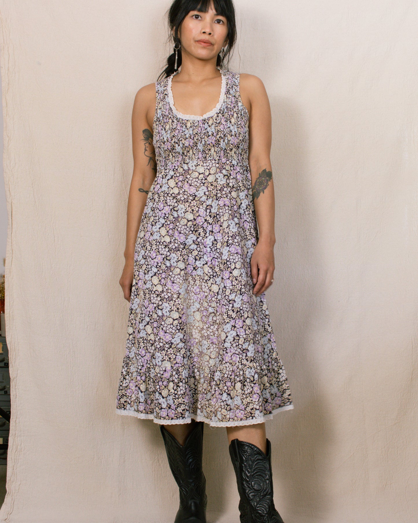 Vintage 70s Purple Floral Midi Dress | Size XS/S