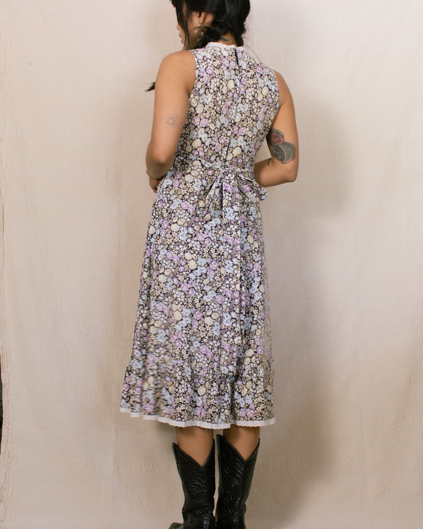Vintage 70s Purple Floral Midi Dress | Size XS/S
