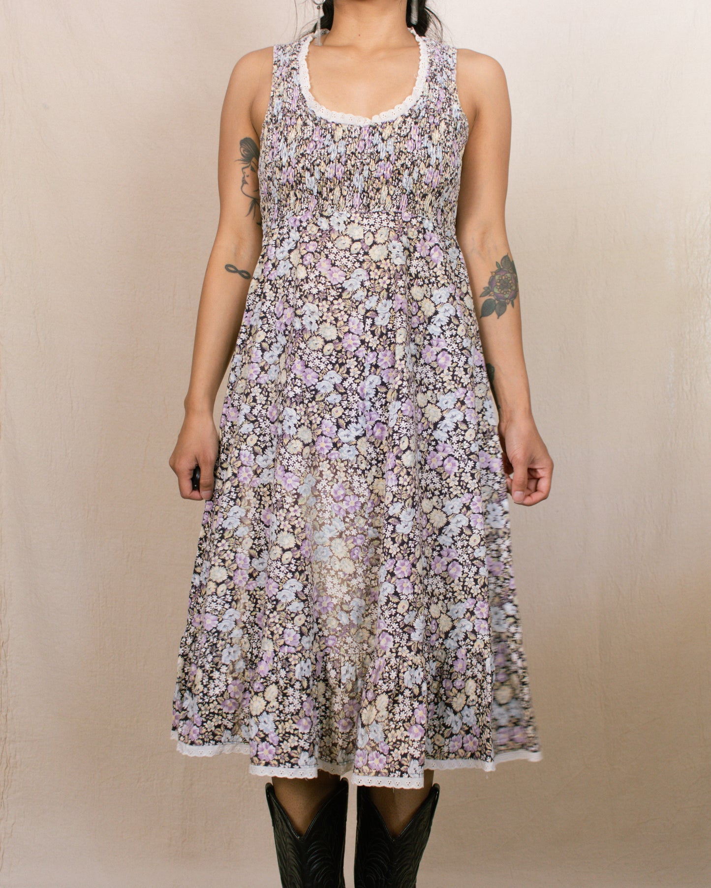 Vintage 70s Purple Floral Midi Dress | Size XS/S