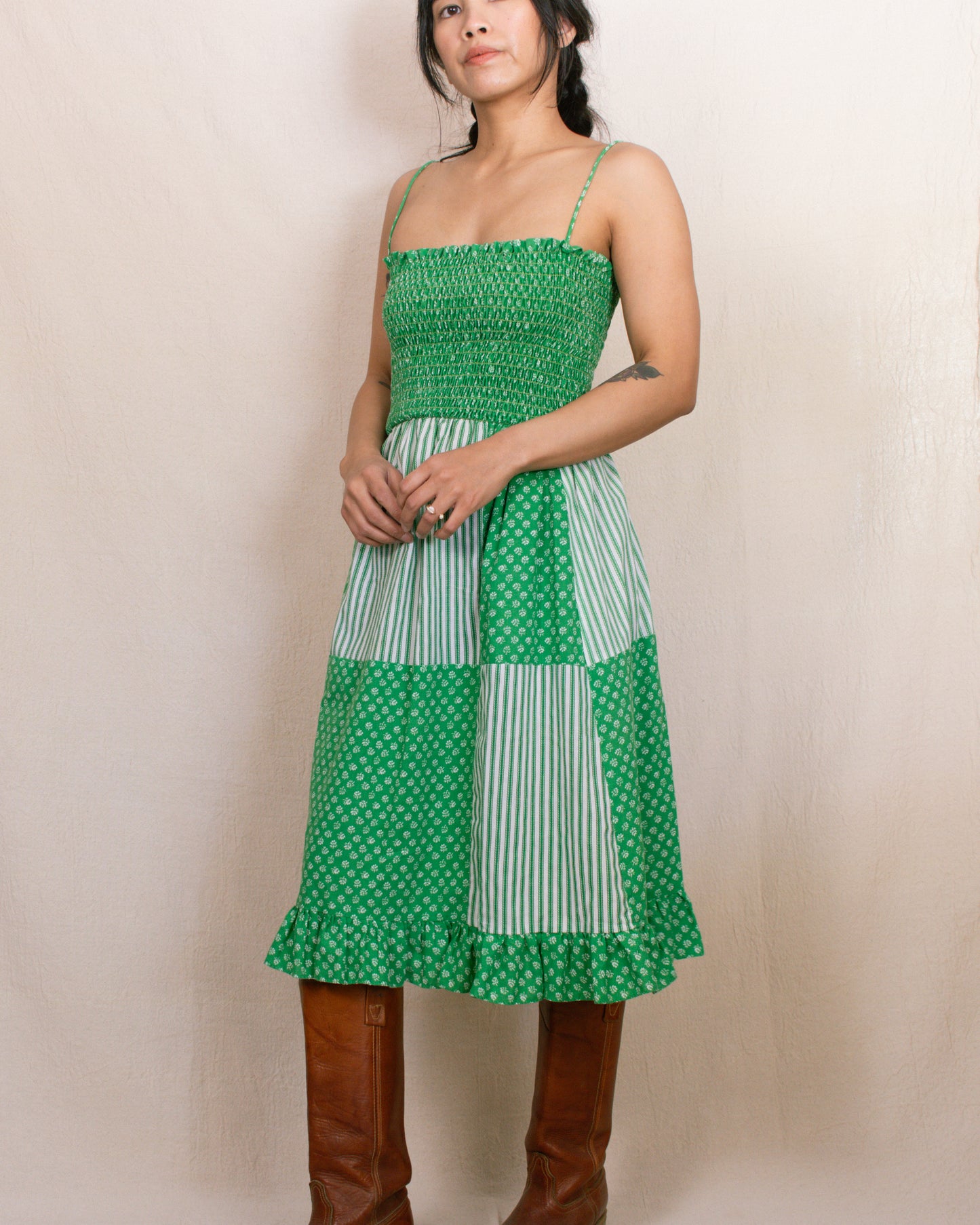 Vintage 70s Green Floral Dress | Size Small-Medium