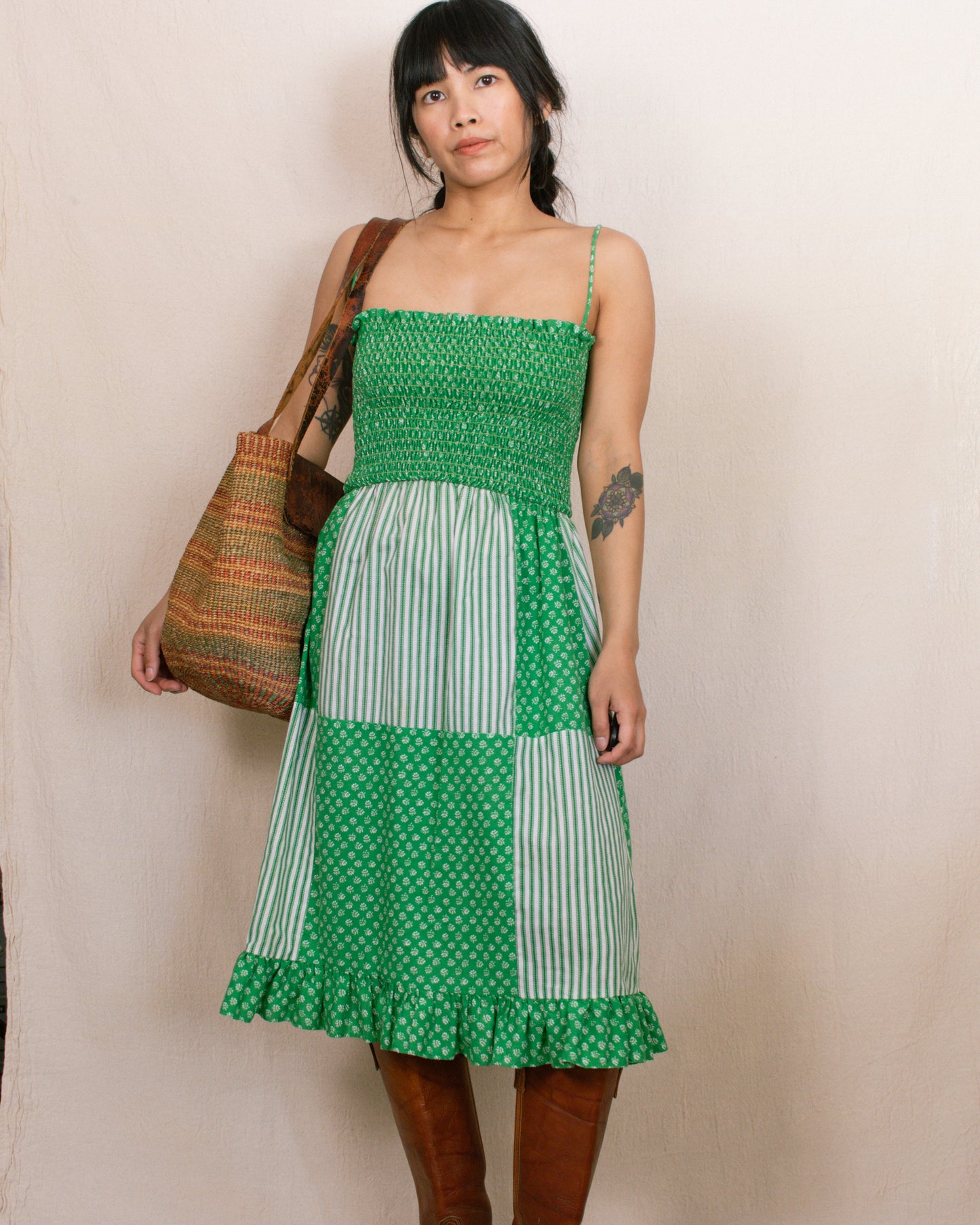 Vintage 70s Green Floral Dress | Size Small-Medium