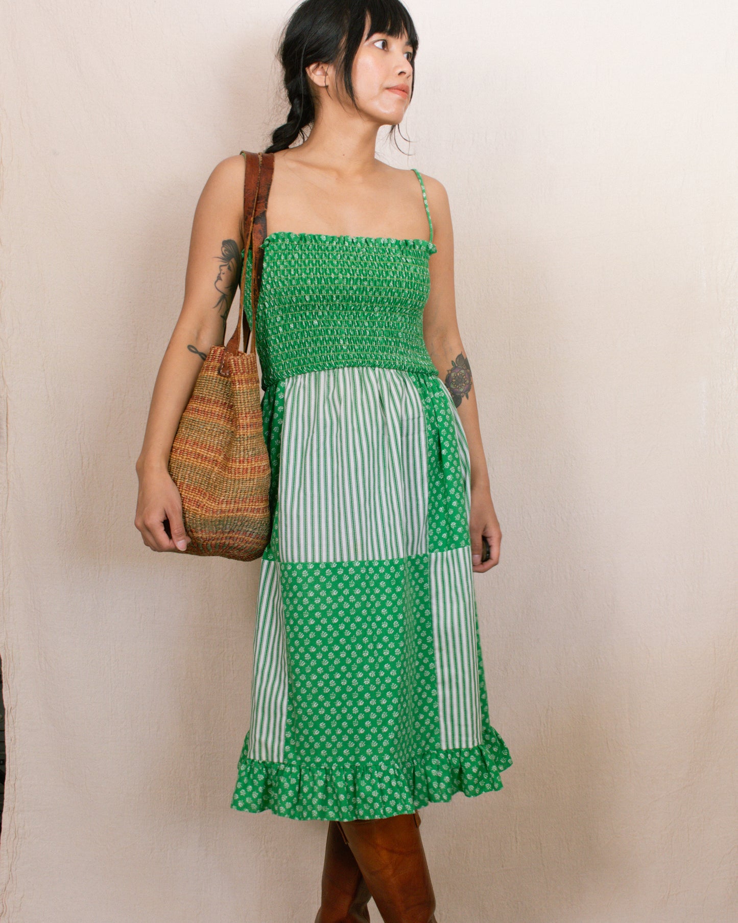 Vintage 70s Green Floral Dress | Size Small-Medium