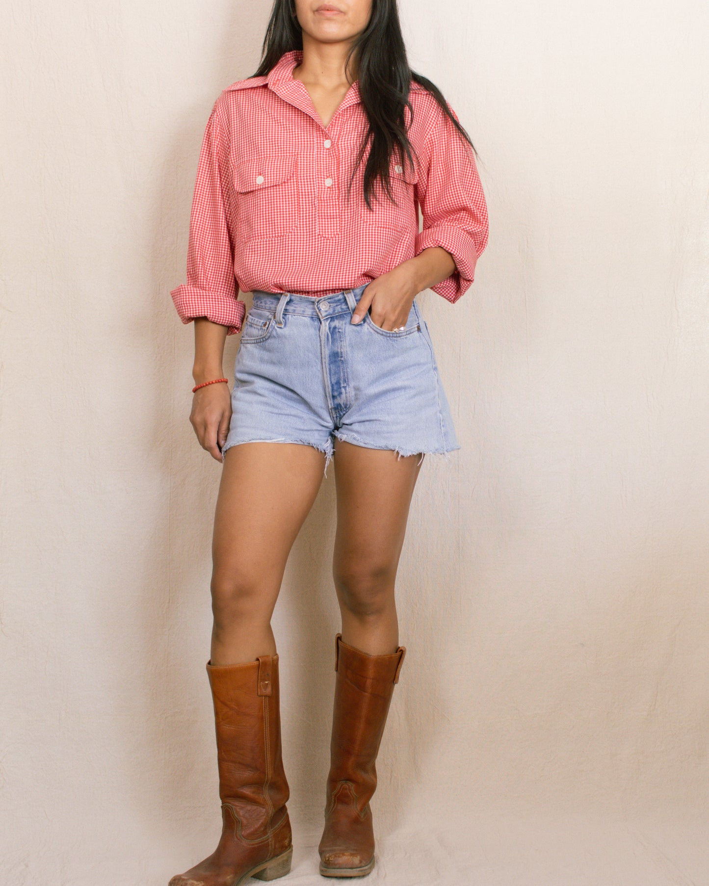 Vintage 50s Gingham Long Sleeve | Size Medium