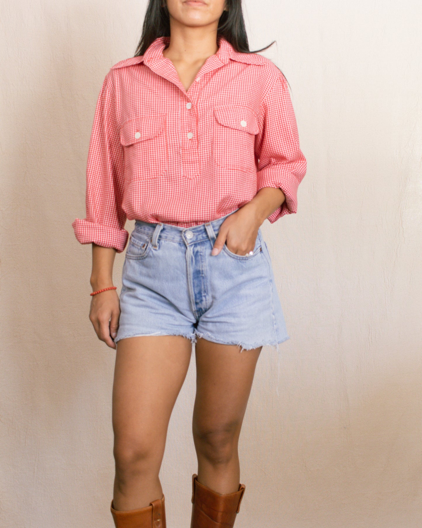 Vintage 50s Gingham Long Sleeve | Size Medium