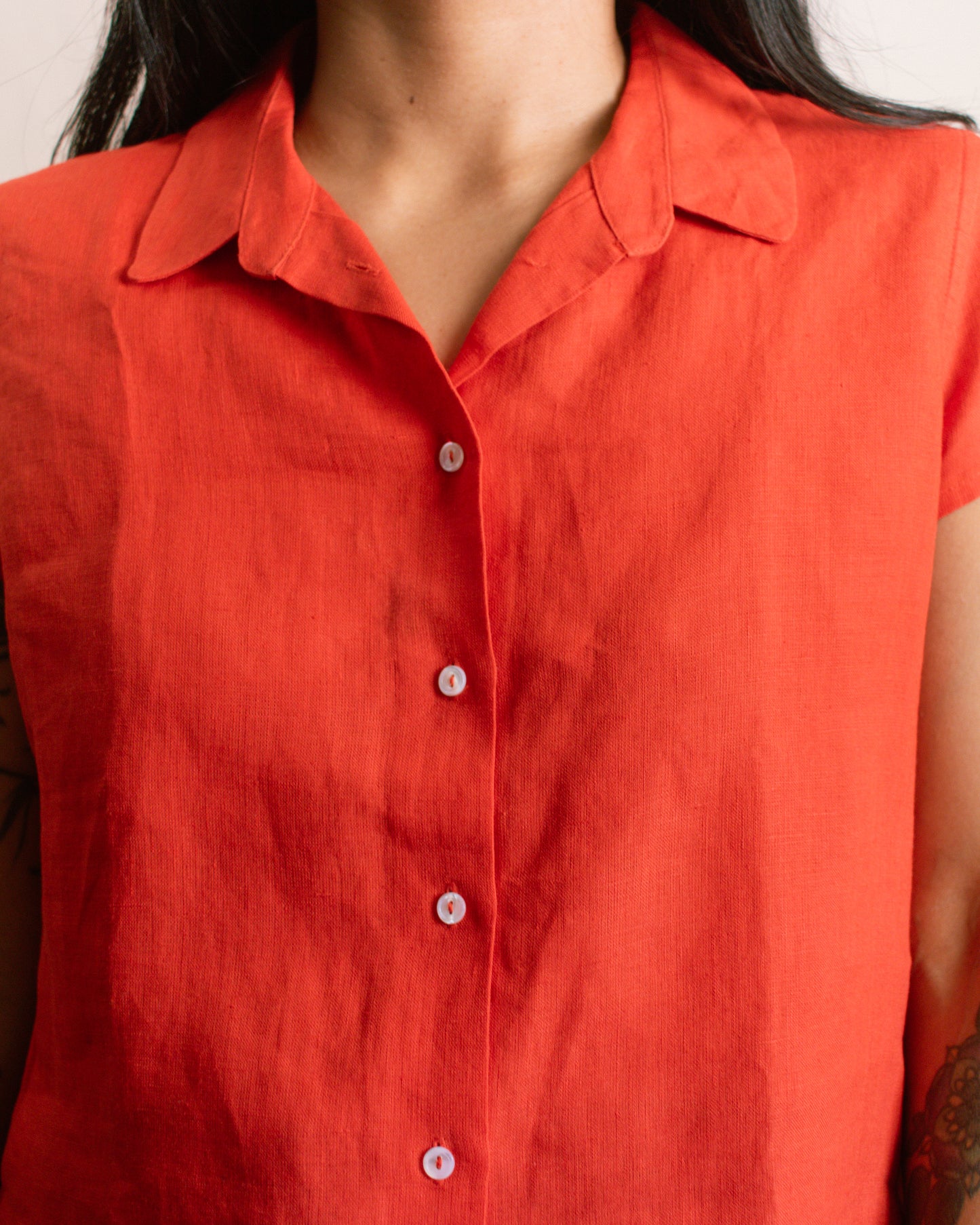 Vintage 80s Red Linen Blouse | Size Small