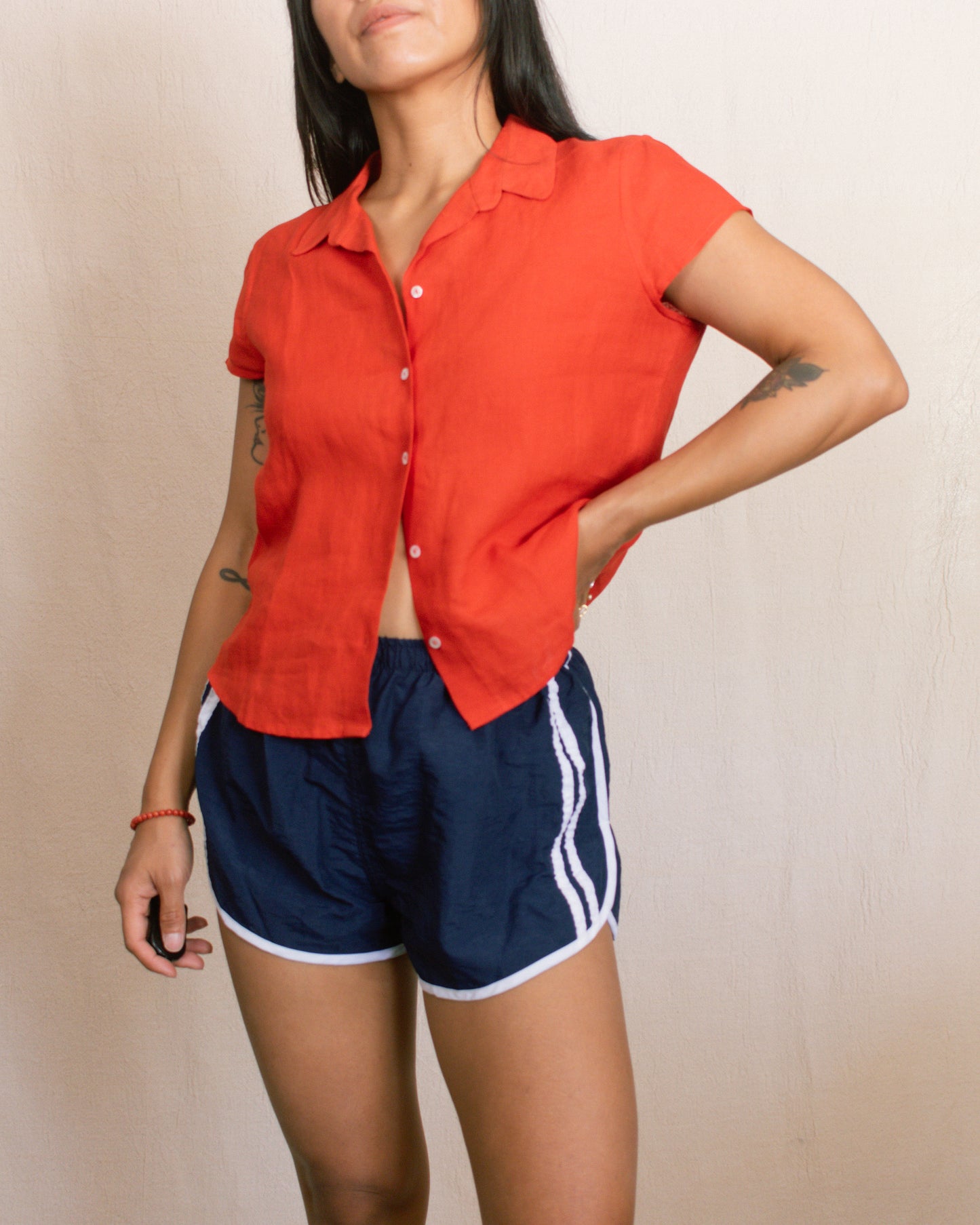 Vintage 80s Red Linen Blouse | Size Small