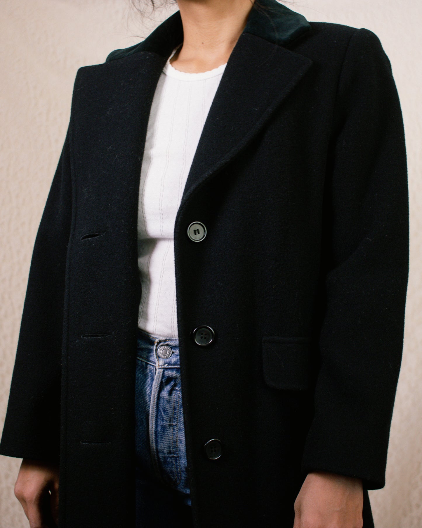 Vintage 70s Black Wool Coat | Size Small Petite