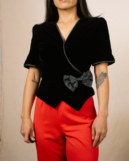 Vintage 80s Velvet Bow Blouse | Size XS