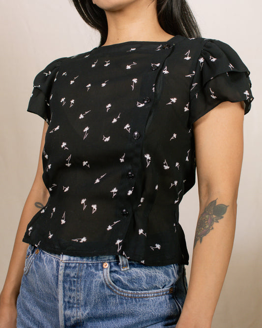 Vintage 70s Black Floral Blouse | Size XS-S