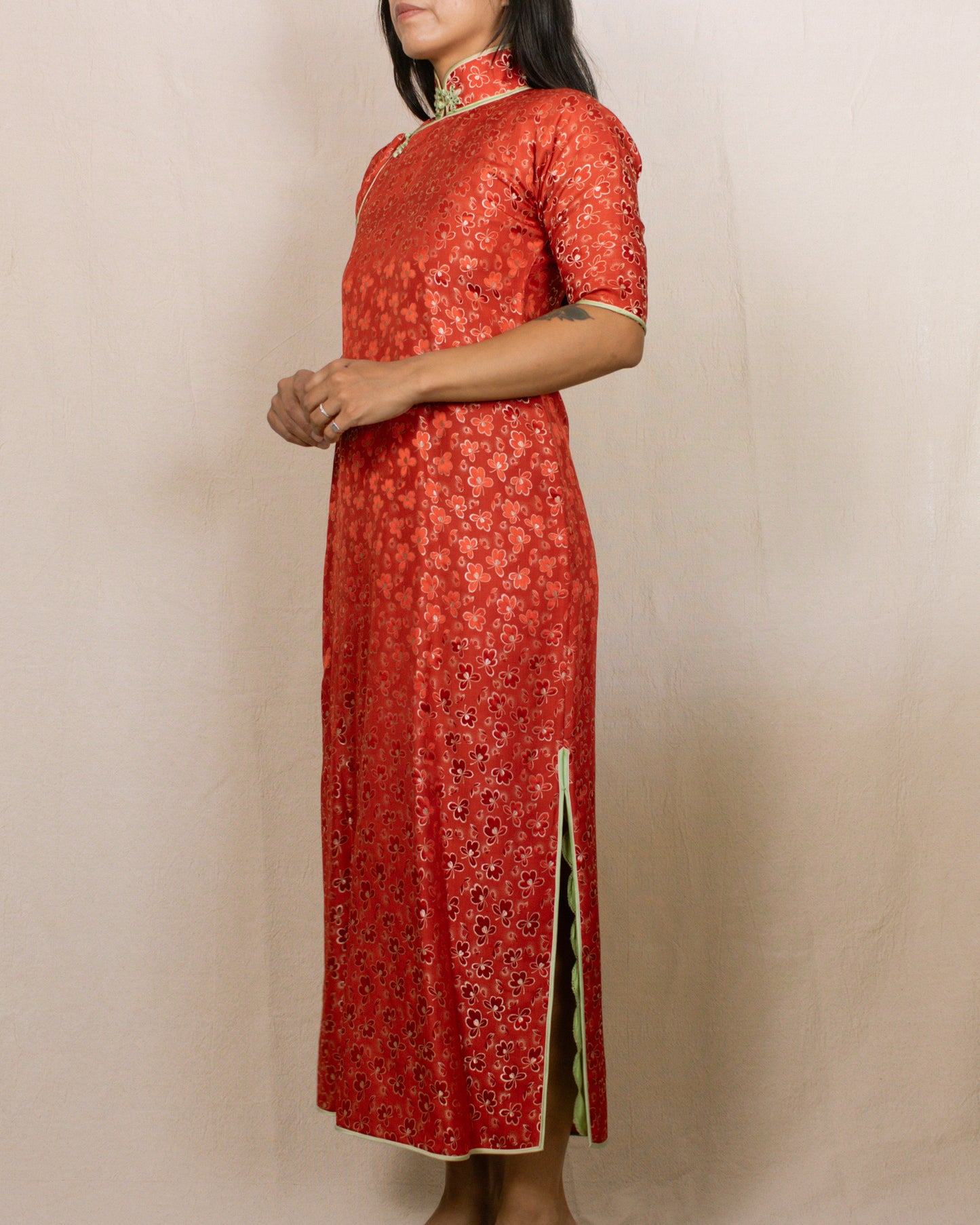 Vintage 60s/70s Red Qipao/Cheongsam Floral Dress | Size XS