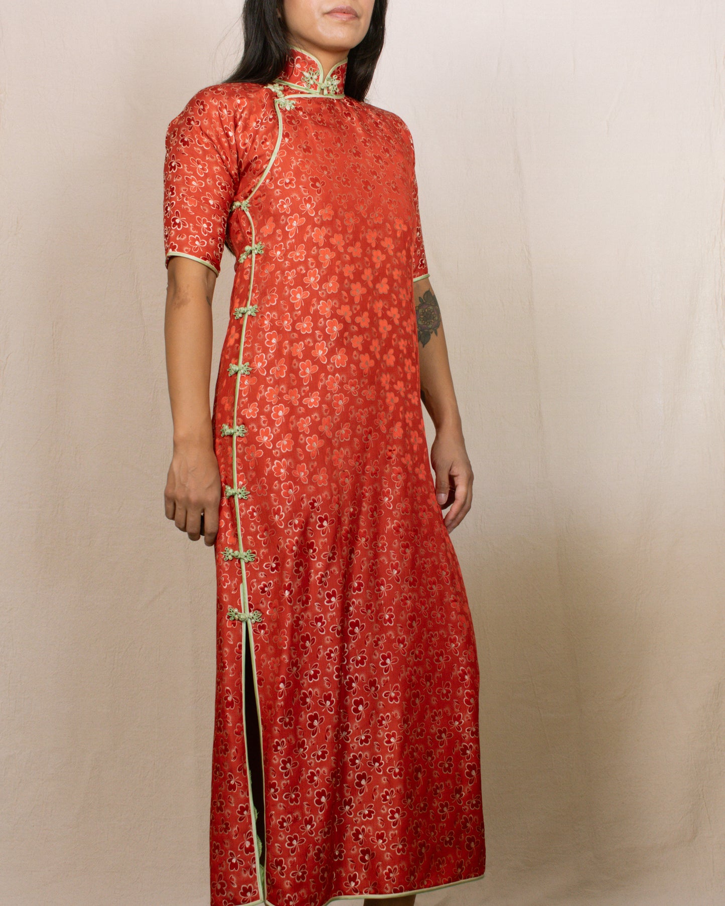 Vintage 60s/70s Red Qipao/Cheongsam Floral Dress | Size XS
