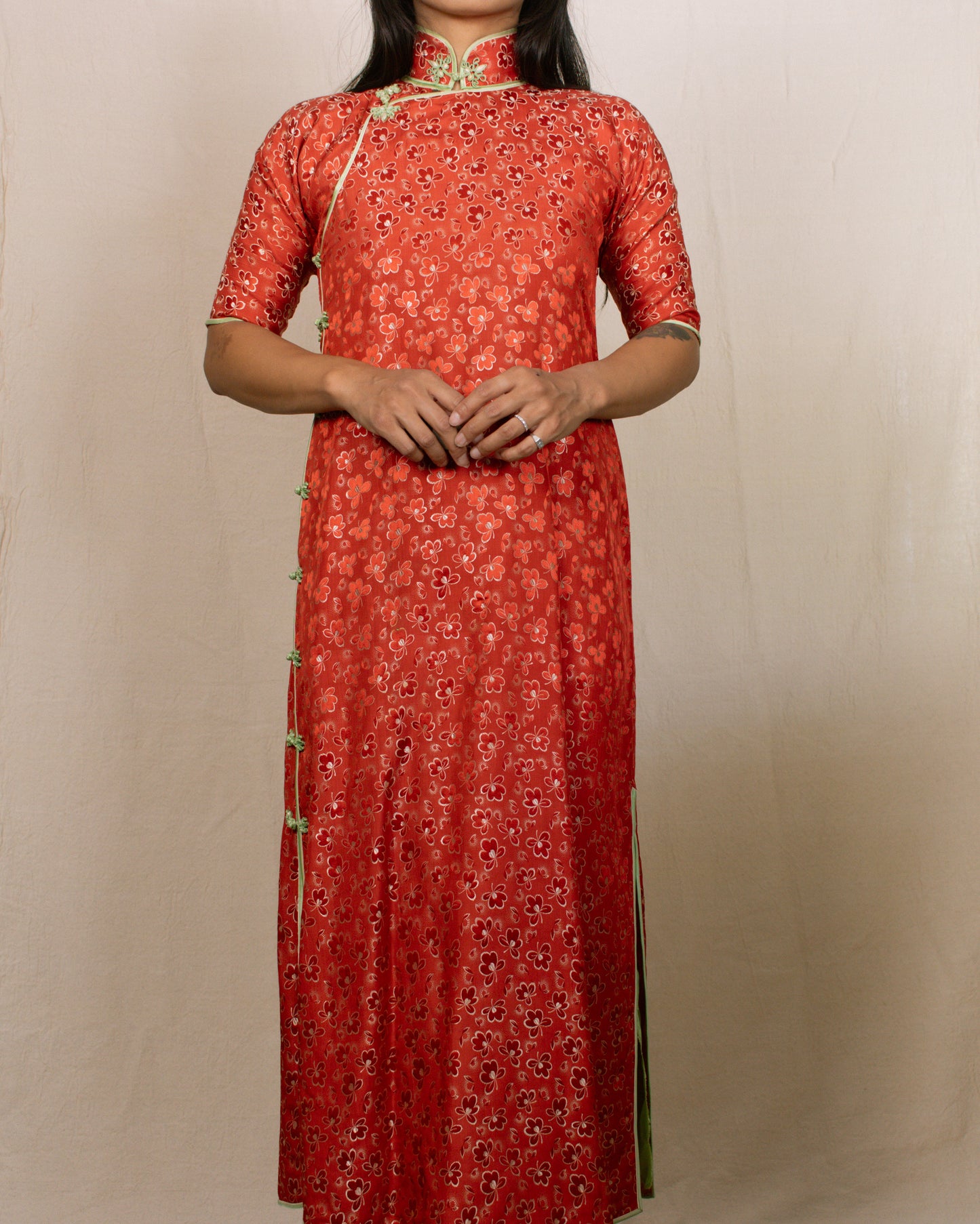 Vintage 60s/70s Red Qipao/Cheongsam Floral Dress | Size XS